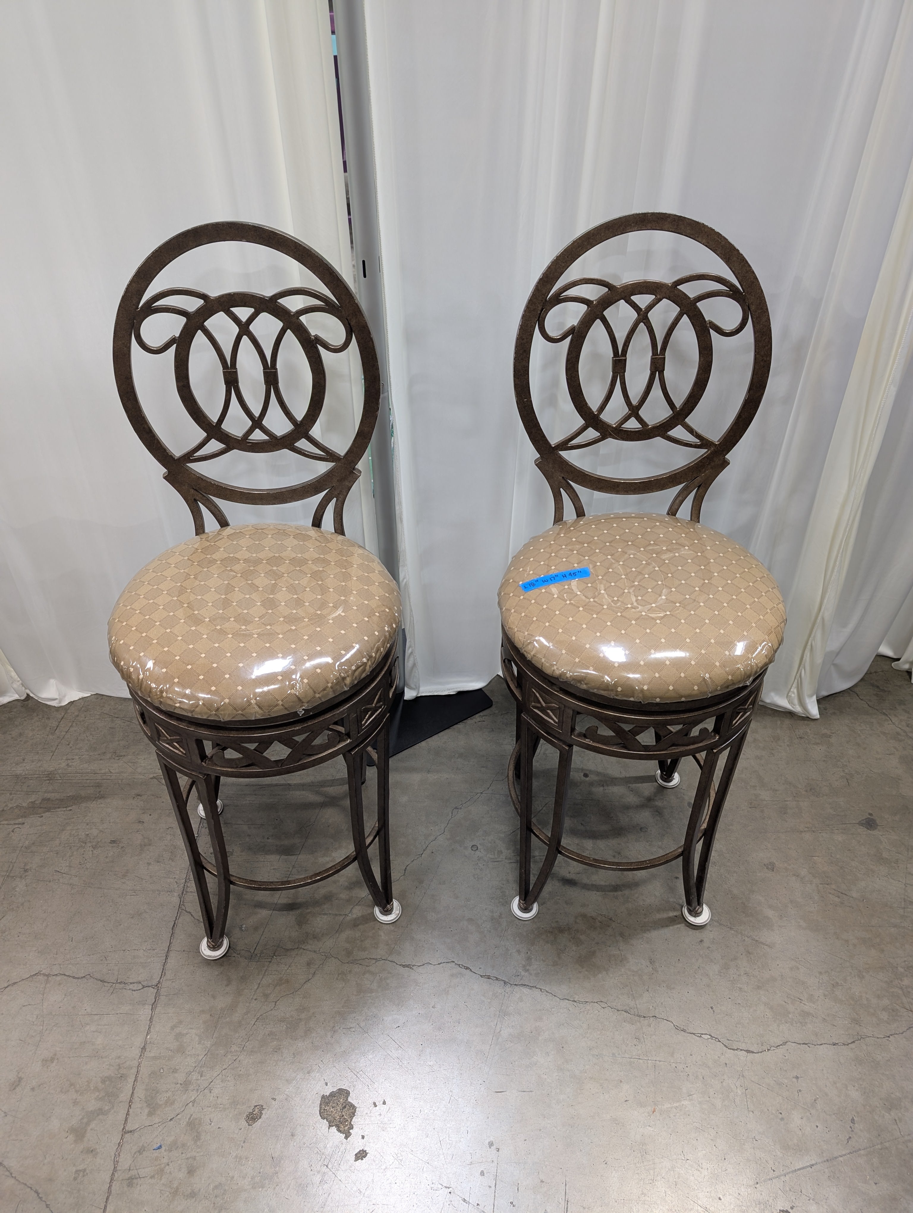 Pair of Ornate Dark Bronze Metal Bar Stools with Upholstered Seats