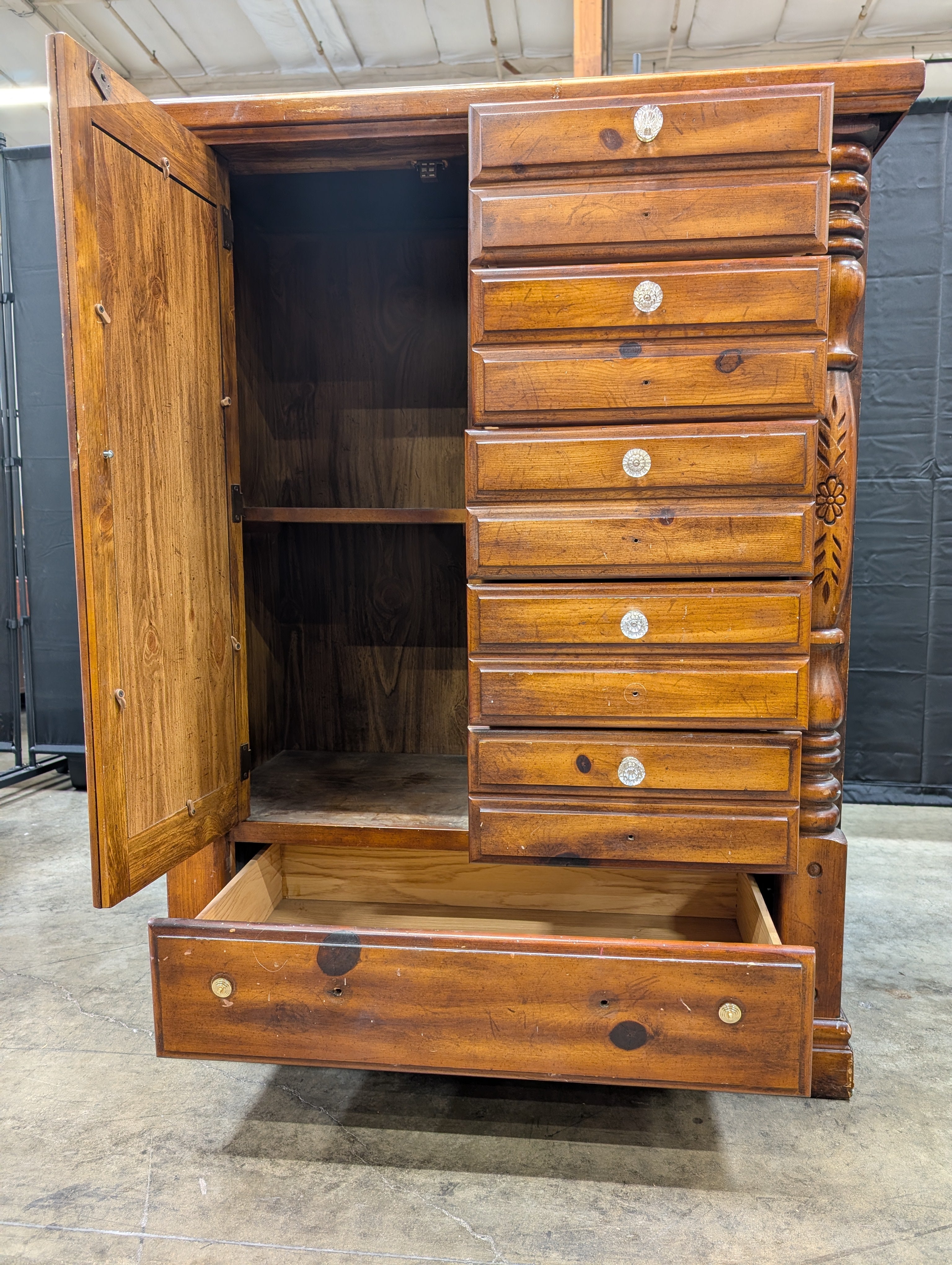 Traditional Hardwood  Armoire with Mirrored Door and Carved Details