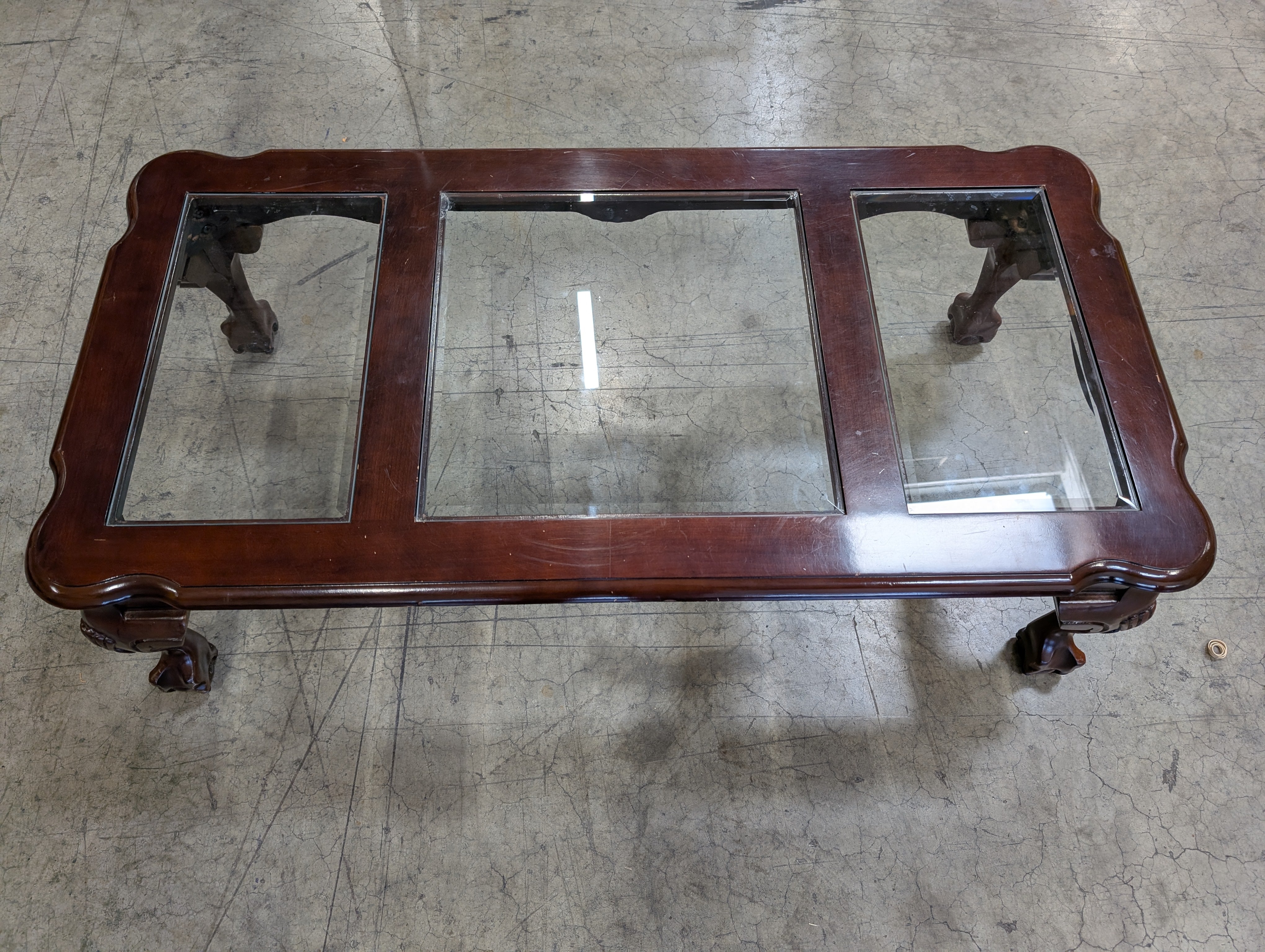Dark Wood Rectangular Coffee Table with Three Glass Panels