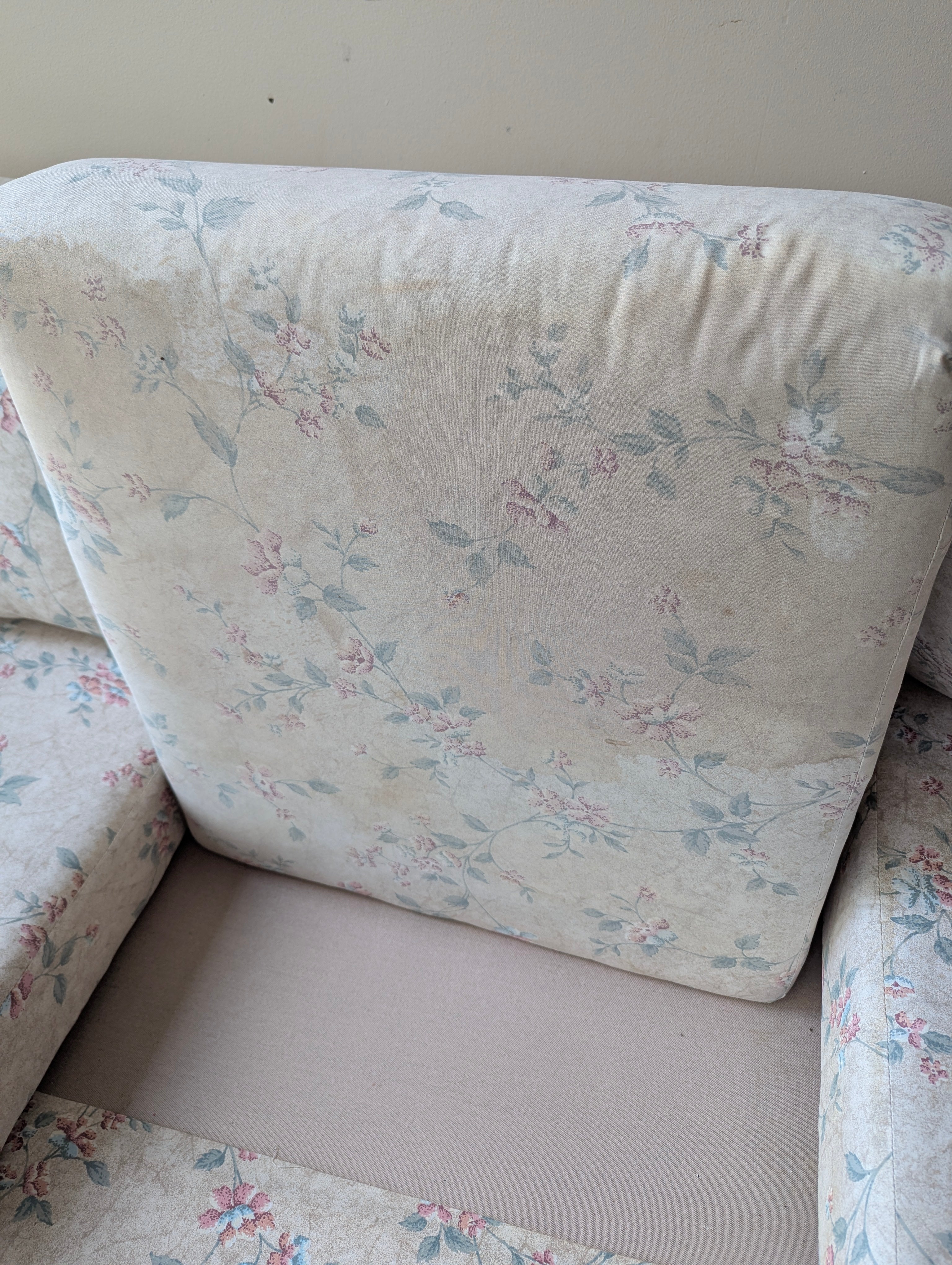 Vintage Rattan Three-Seat Sofa with Floral Upholstery