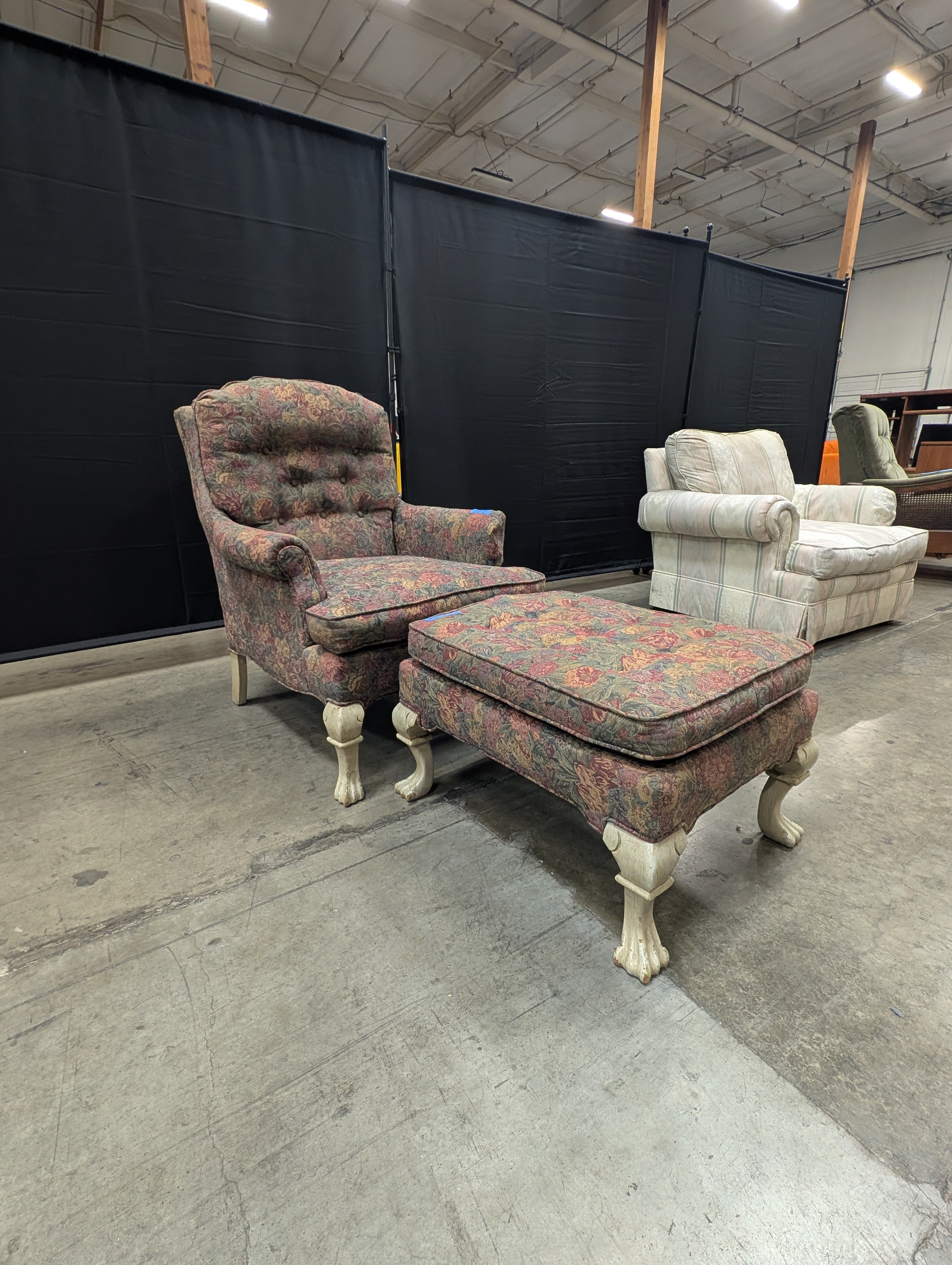 Used Traditional Floral Pattern Upholstered Armchair with Claw Feet