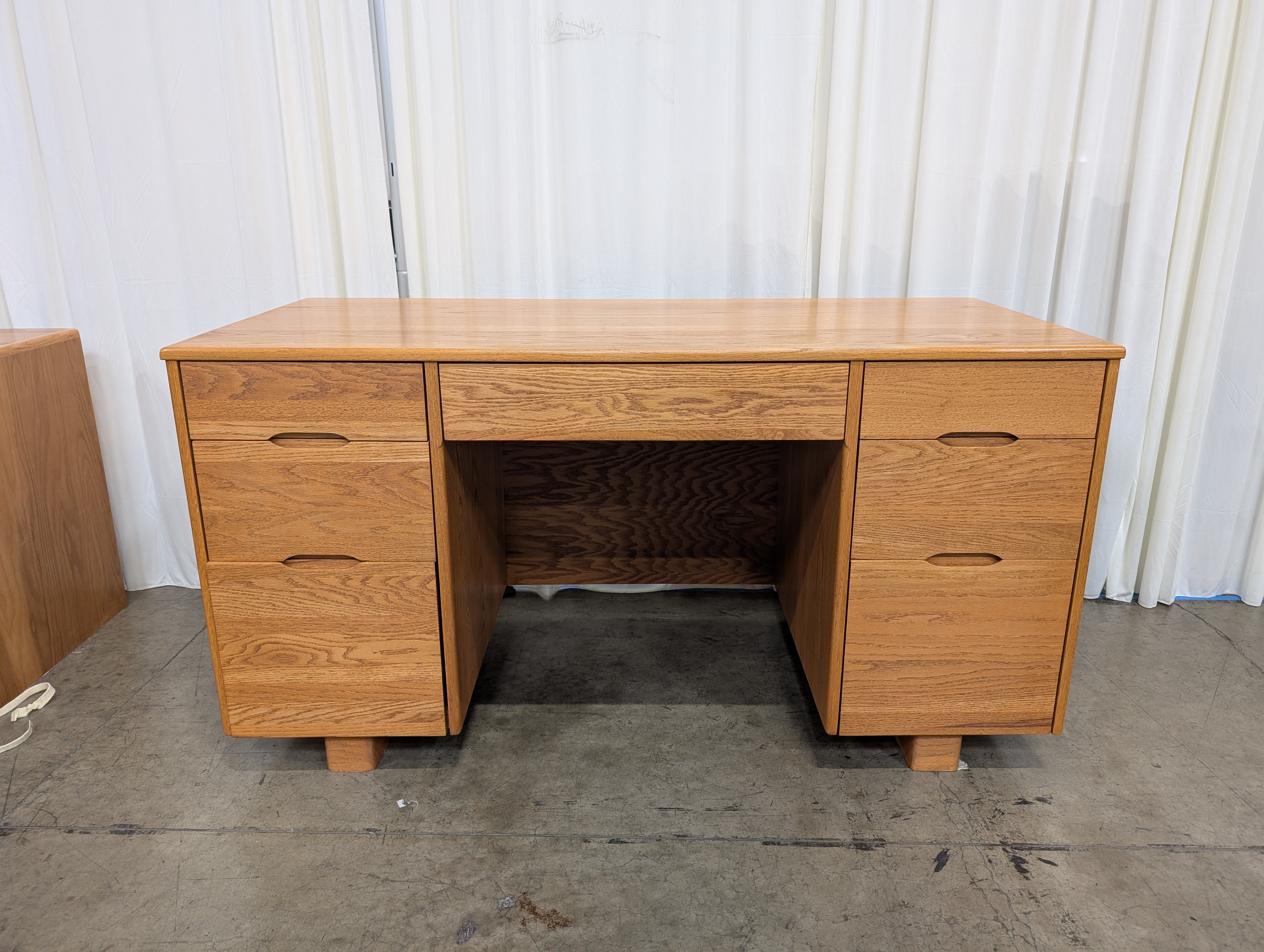 Mid-Century Modern Light Wood Desk with Five Drawers
