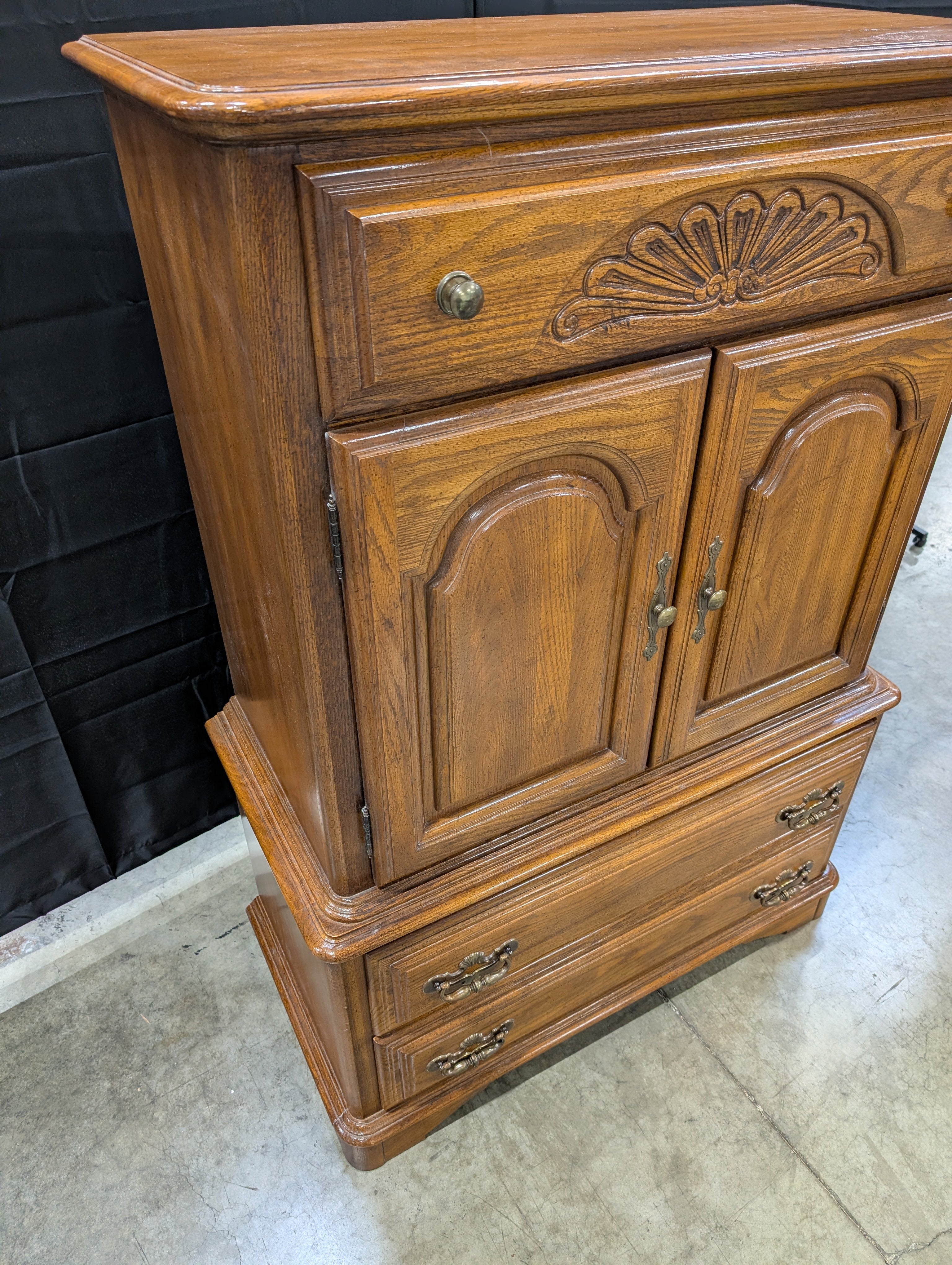 Sumter Cabinet Co. Classic Wood Tall Chest with Carved Detail and Cabinet Doors