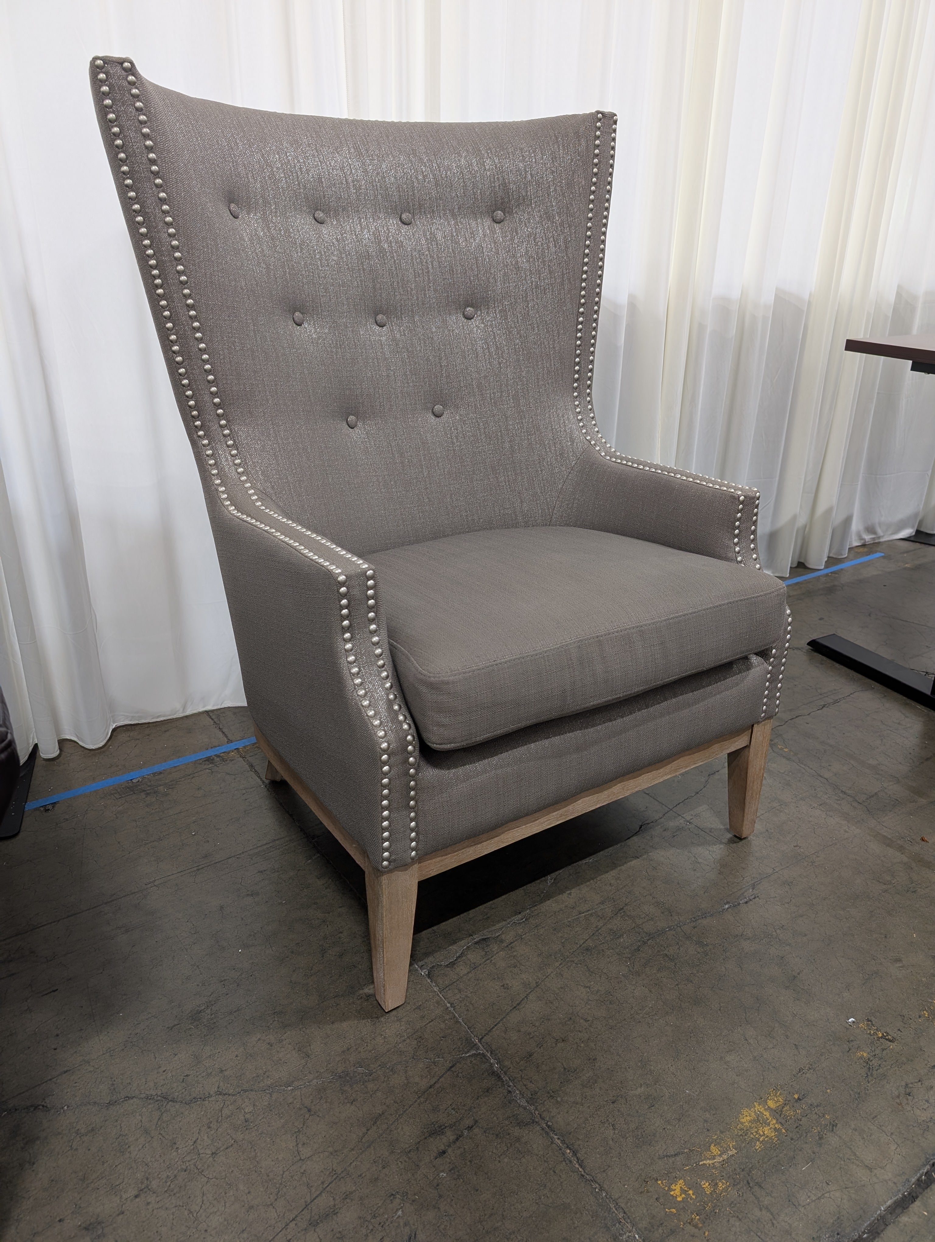 Grey Tufted Wingback Chair with Nailhead Trim