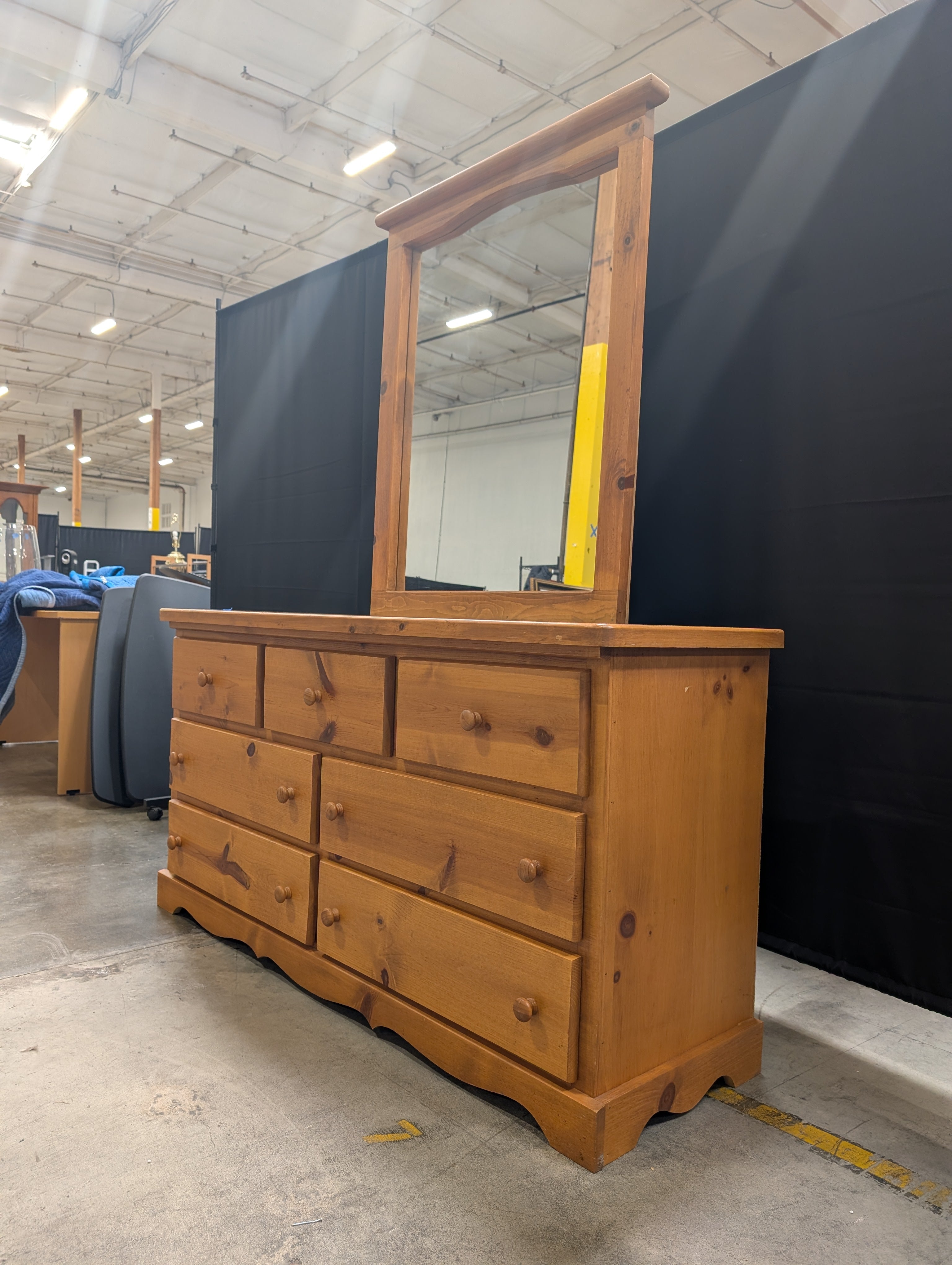Solid Wood Dresser with Matching Arched Mirror, Honey Pine Finish