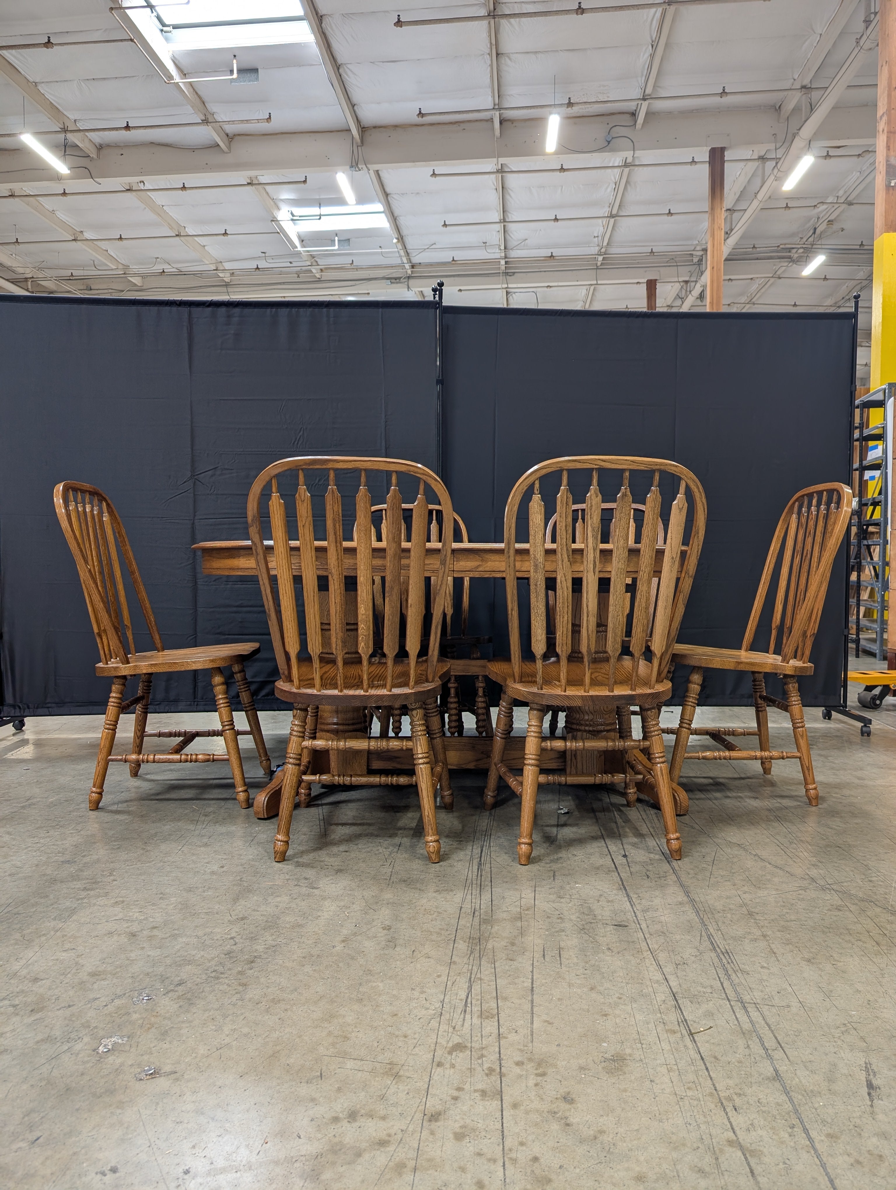 Oak Finish Dining Table with Six  Spindle Back Chairs