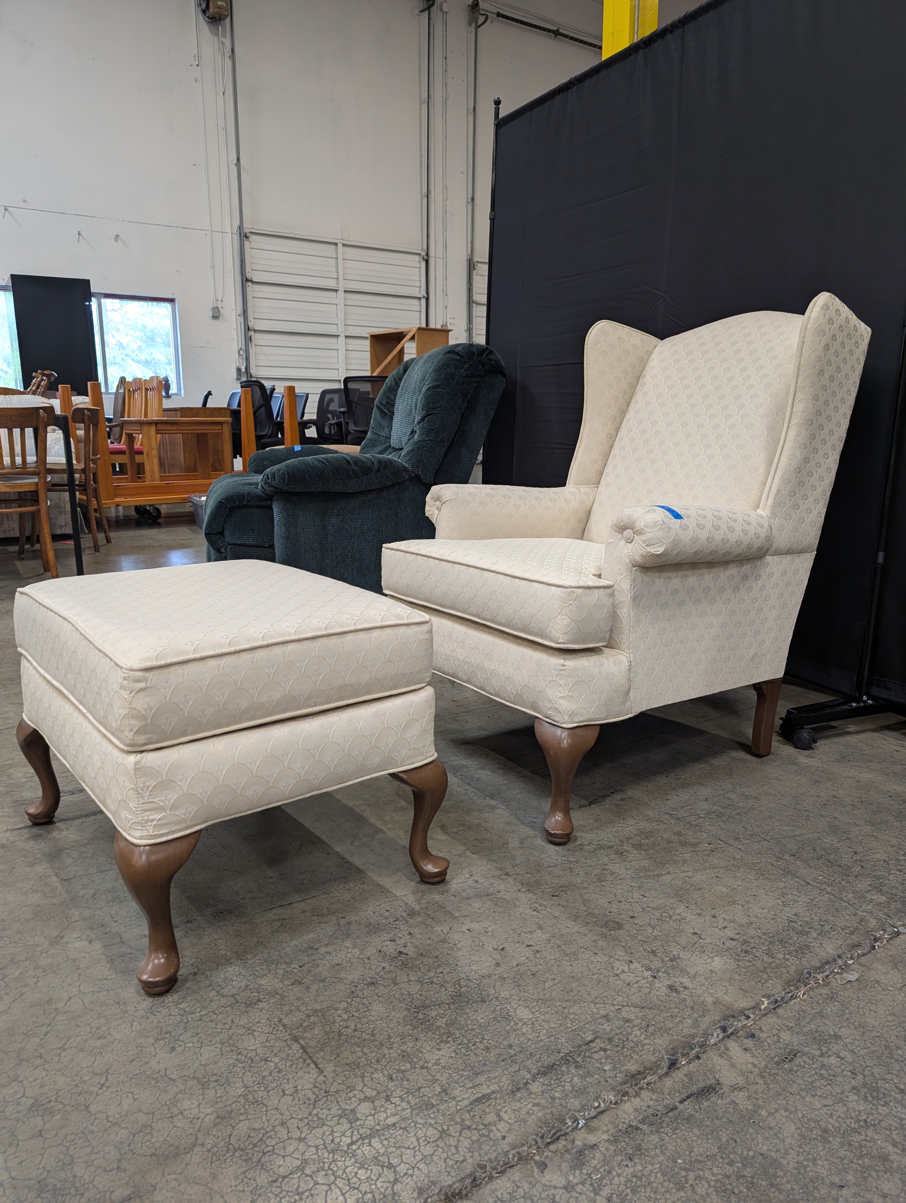 Classic Cream Patterned Wingback Armchair and Ottoman Set