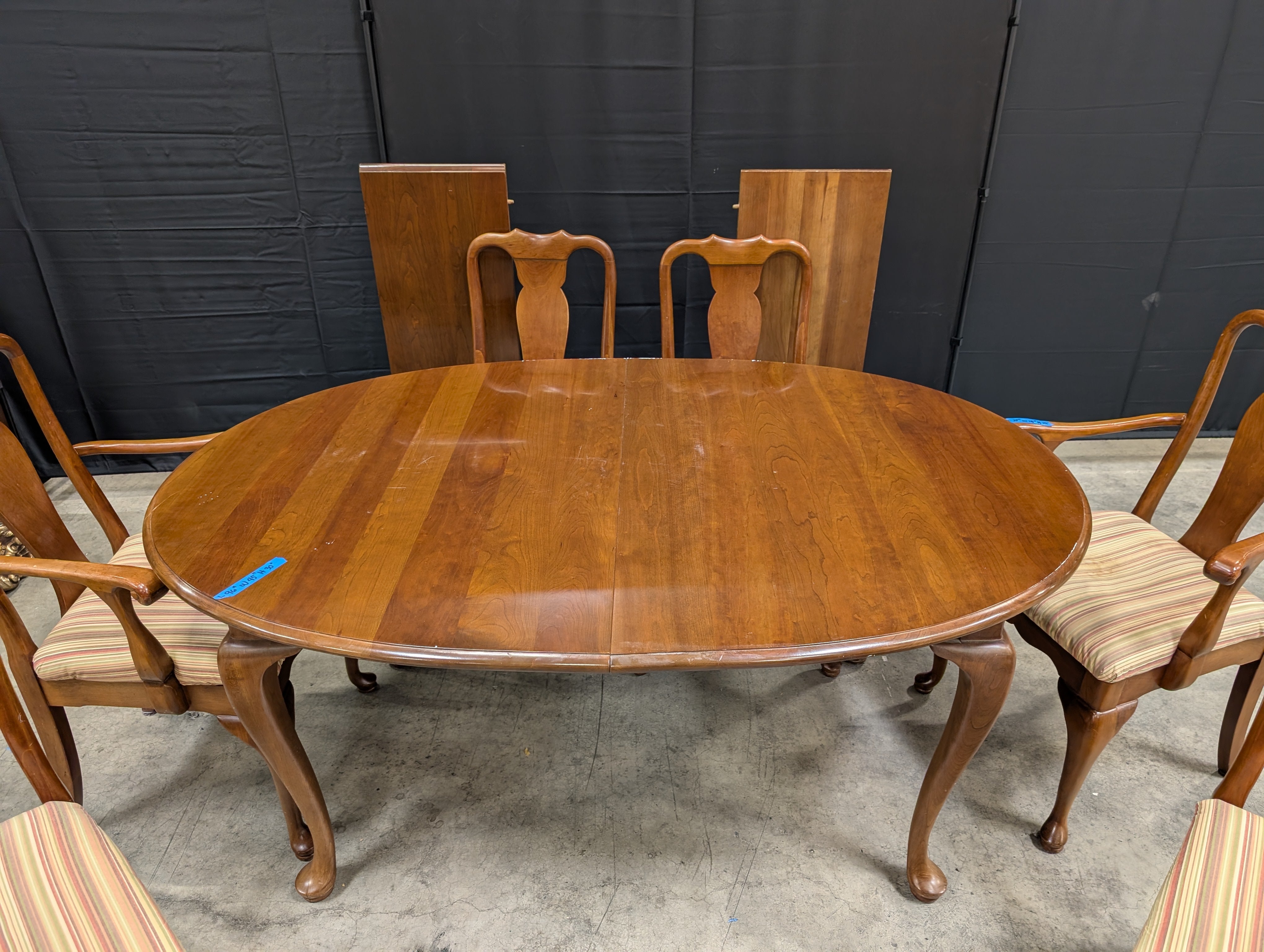 L. & J.G. Stickley Furniture Wood Dining Table with Leafs and Set of Six Carved Back Chairs