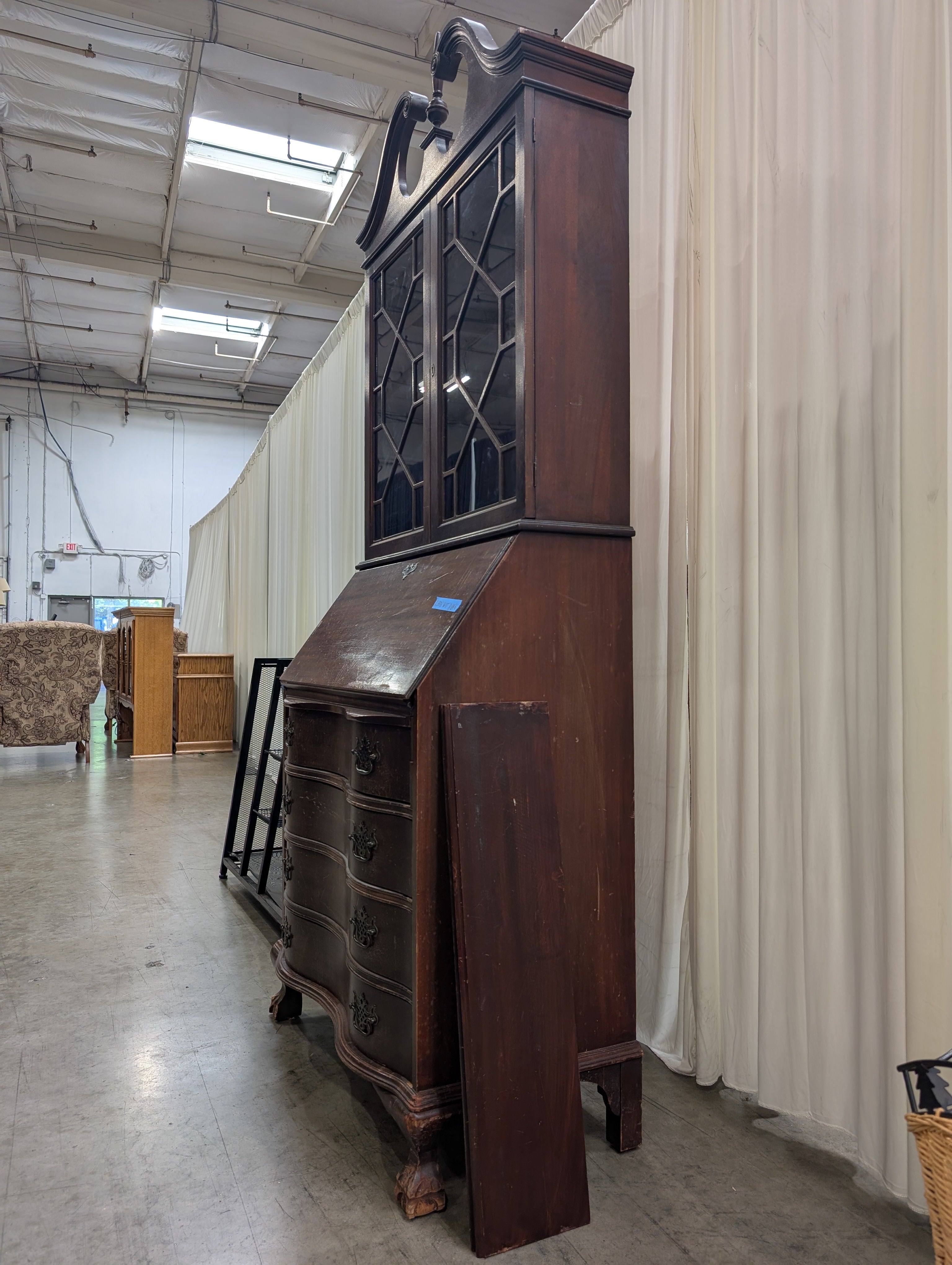 Vintage Mahogany Secretary Desk with Glass Hutch