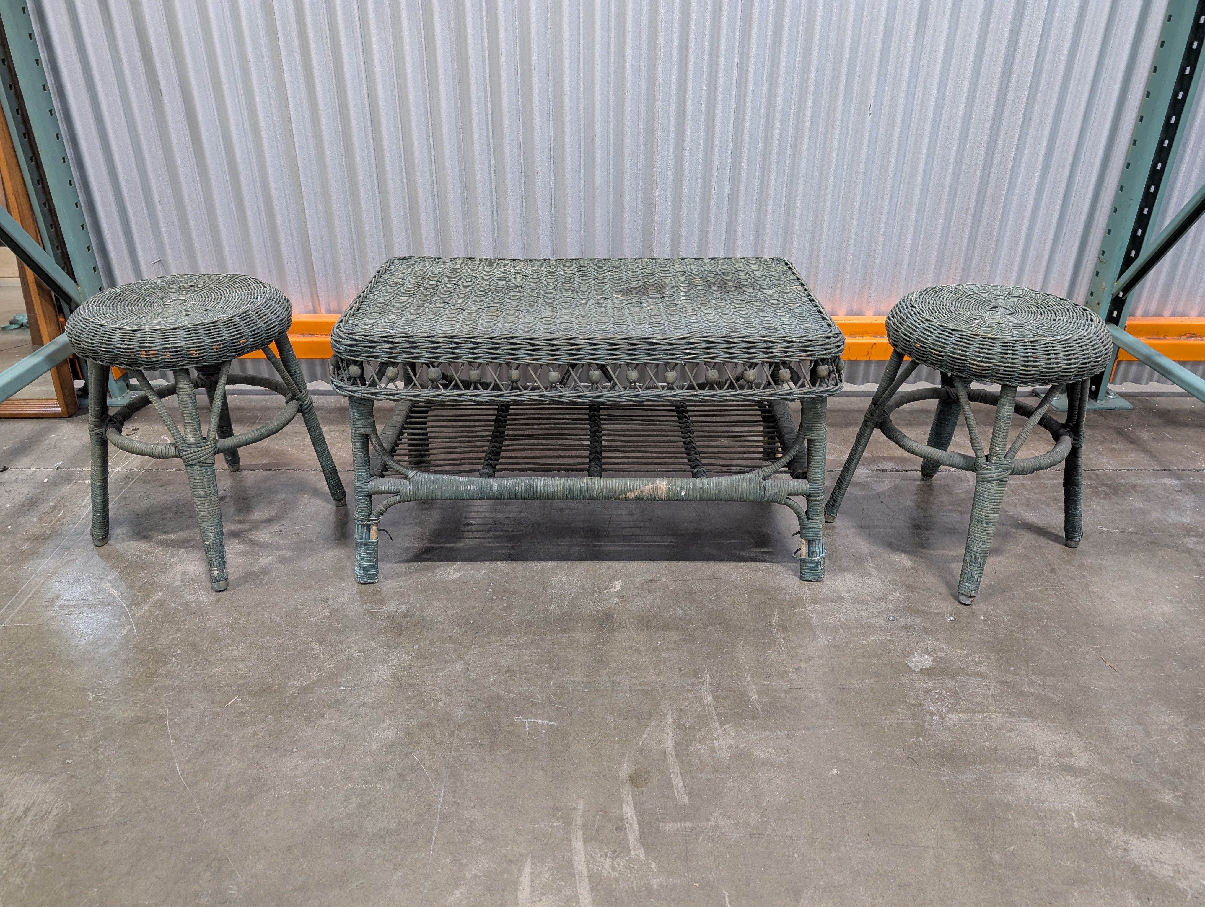 Pair of Green Wicker and Table
