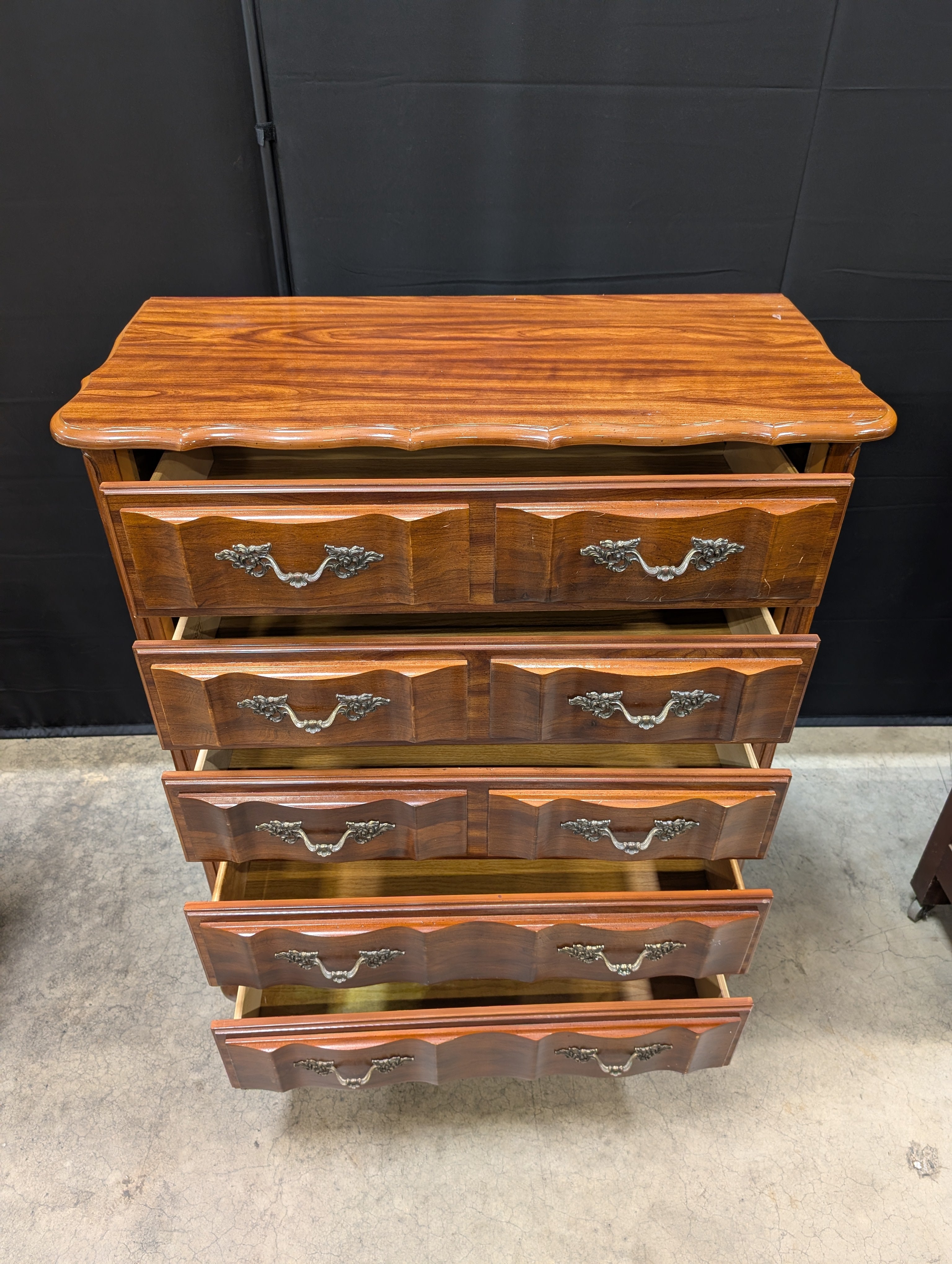 French Provincial Bassett Tall Chest of Drawers with Ornate Hardware