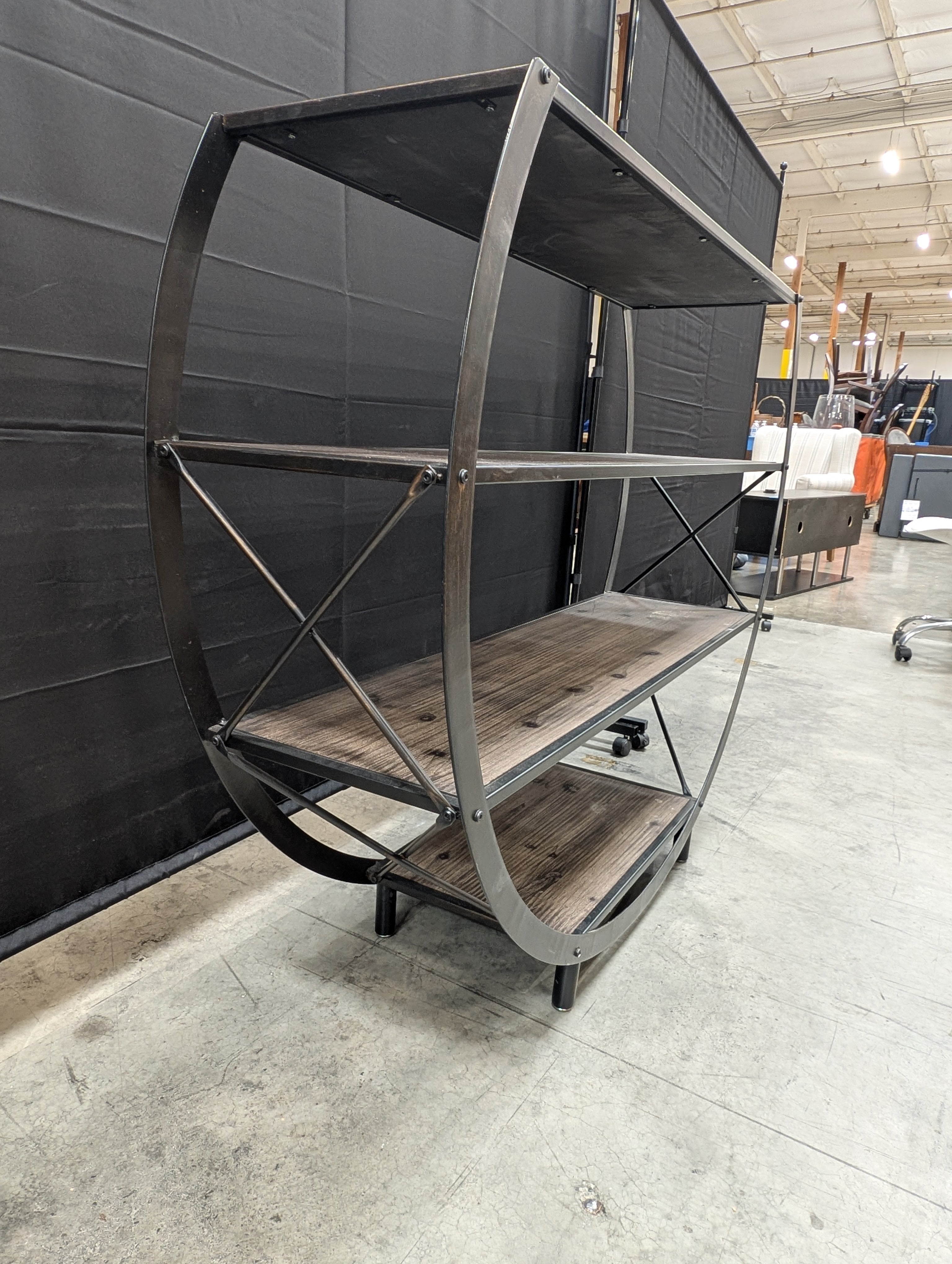 Industrial Half-Moon Display Shelf with Wood Tiers