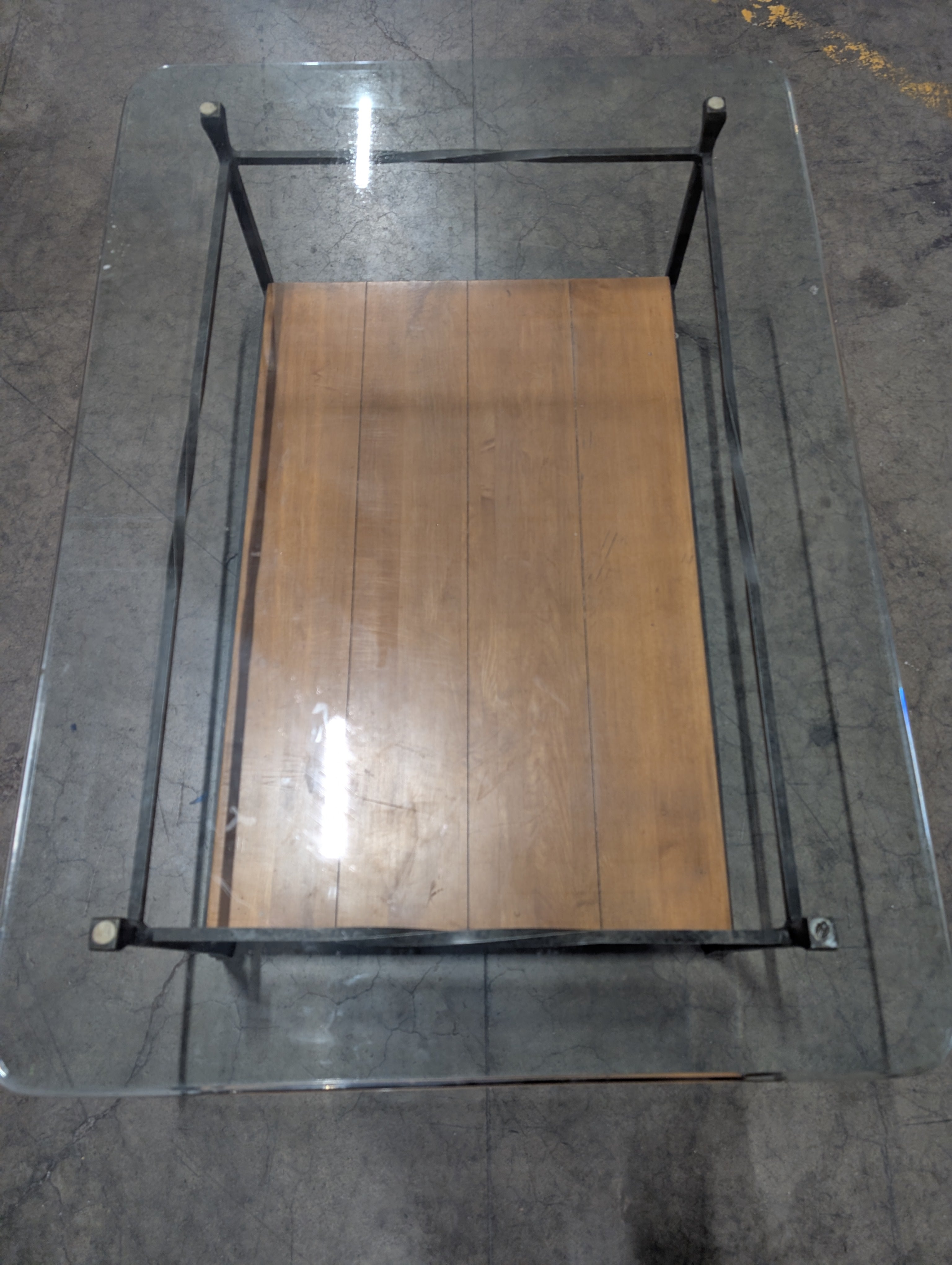 Two-Tier Glass Top Coffee Table with Wood Shelf and Metal Frame