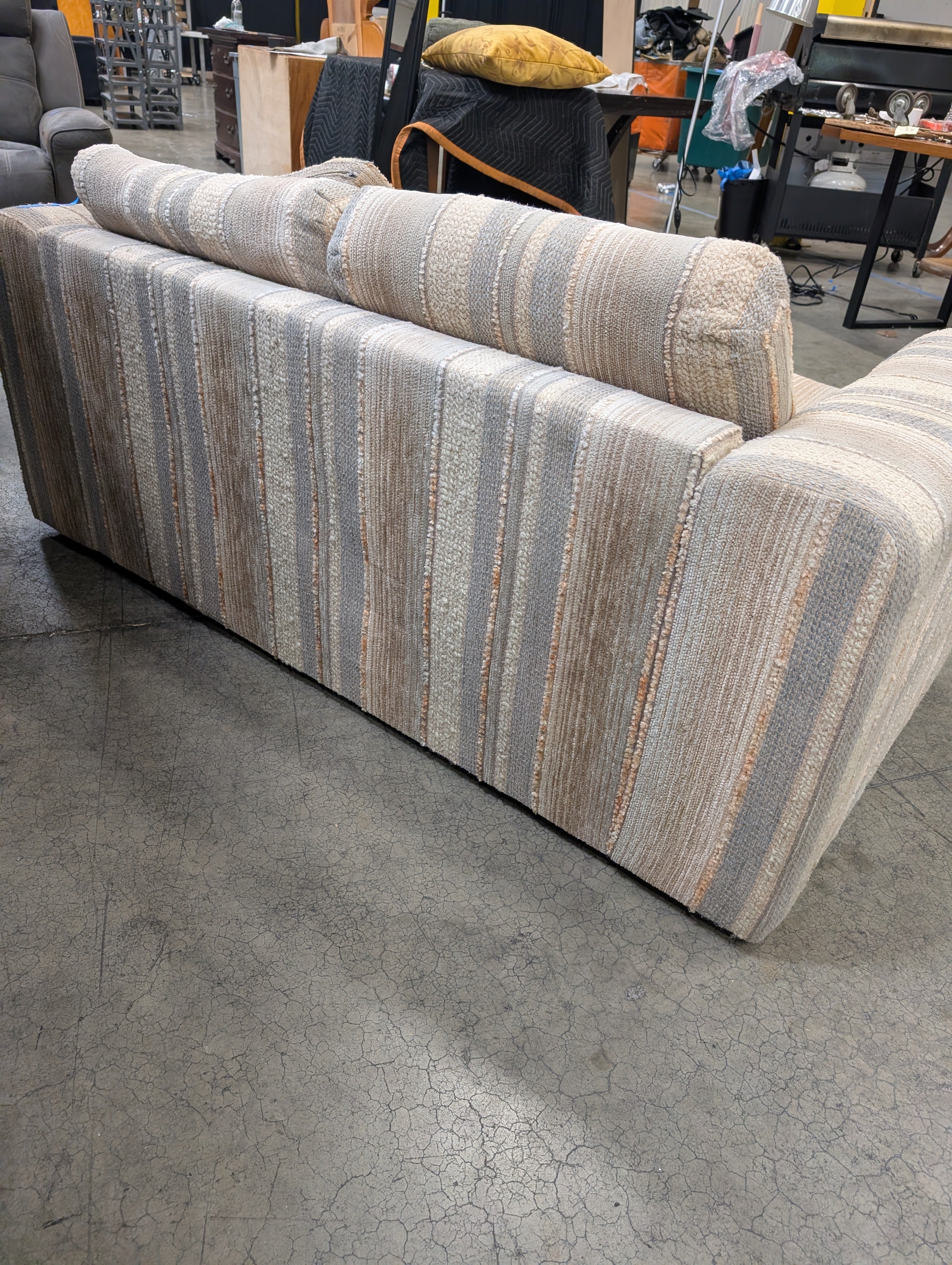 Neutral Stripe Upholstered Loveseat with Wood Arm Accents