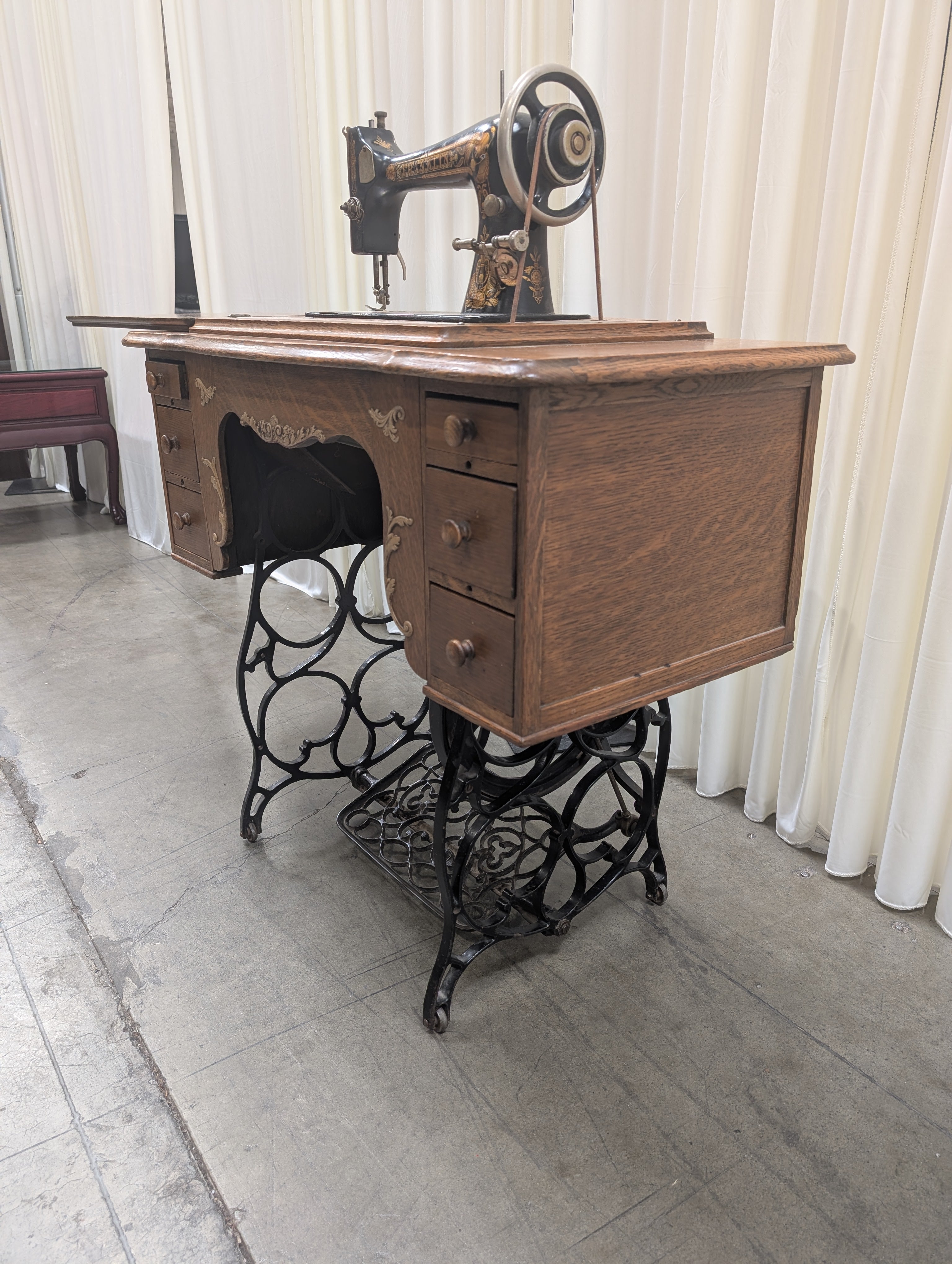 Oak Wood Antique Sewing Machine Cabinet with Ornate Details