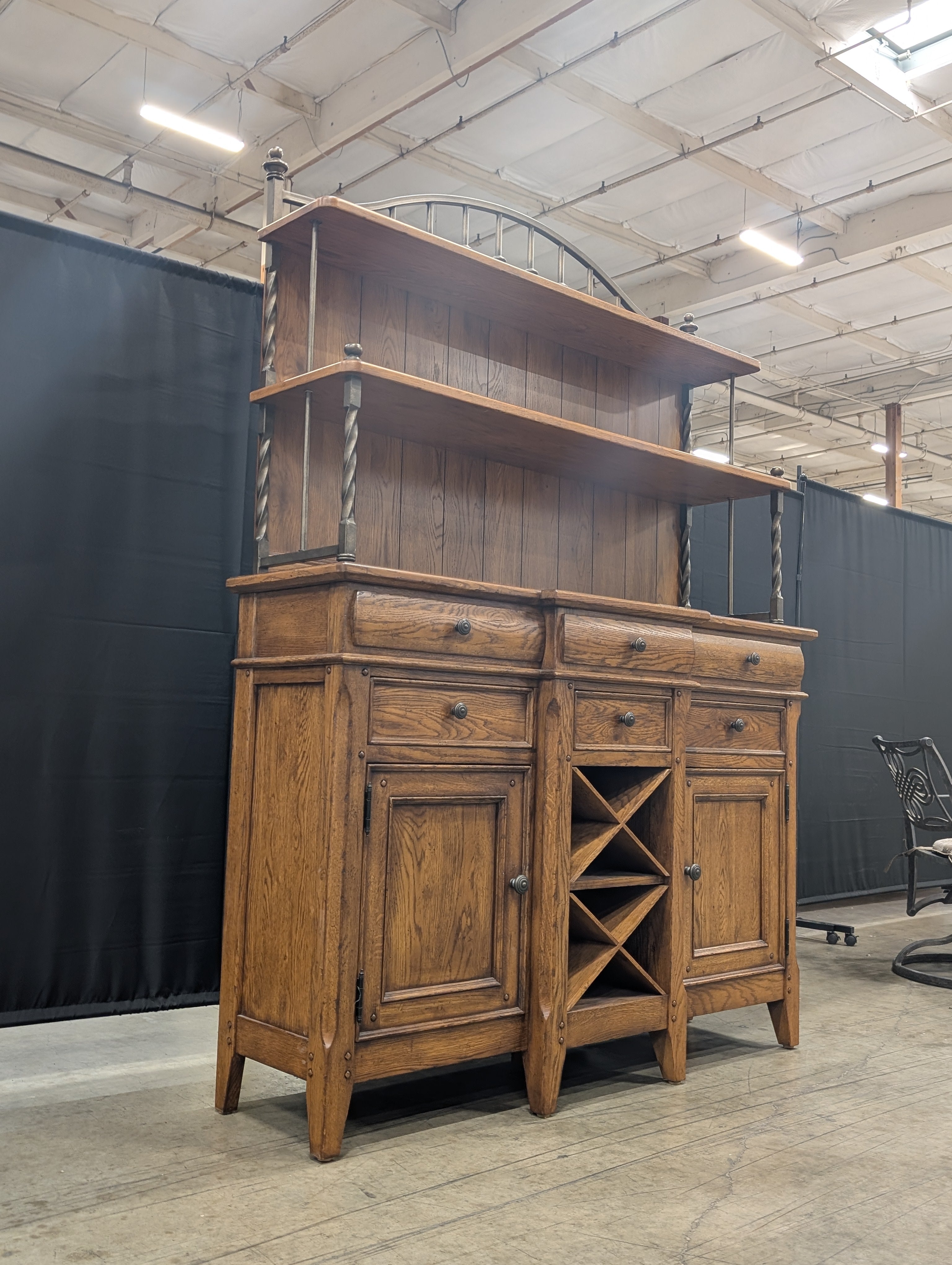 Thomasville Rustic Wood and Dark Metal Hutch Cabinet with Wine Rack