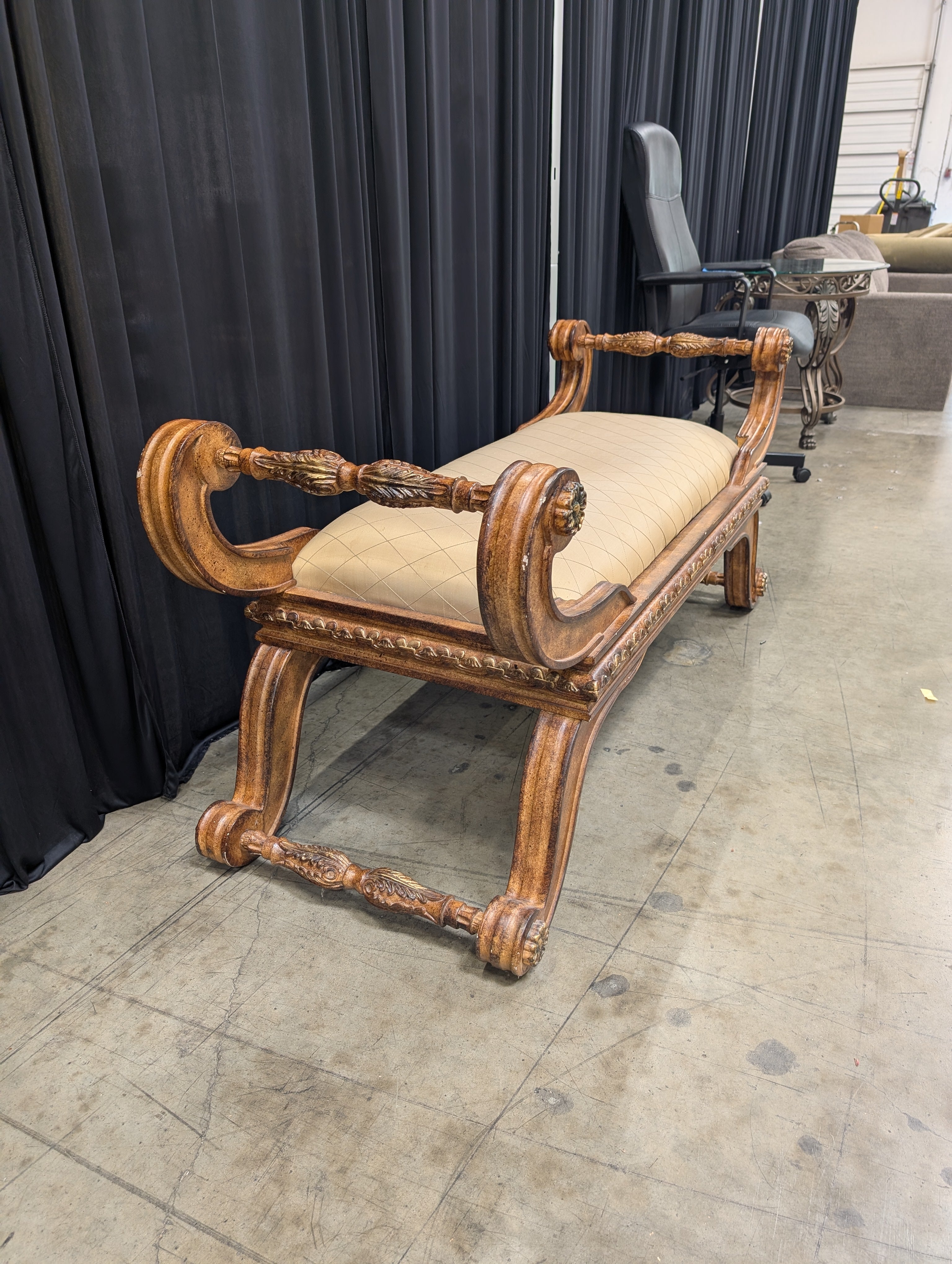 Ornate Carved Wood Chaise Lounge with Fringe Trim