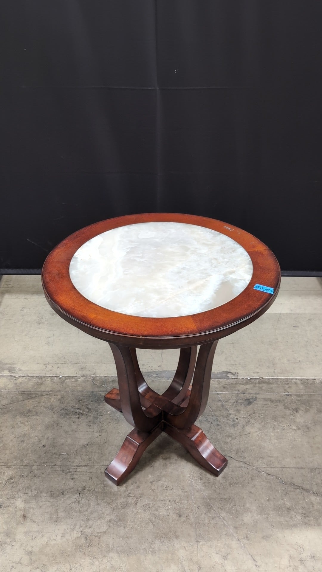 Round Wood Pedestal End Table with Inlaid Stone Top