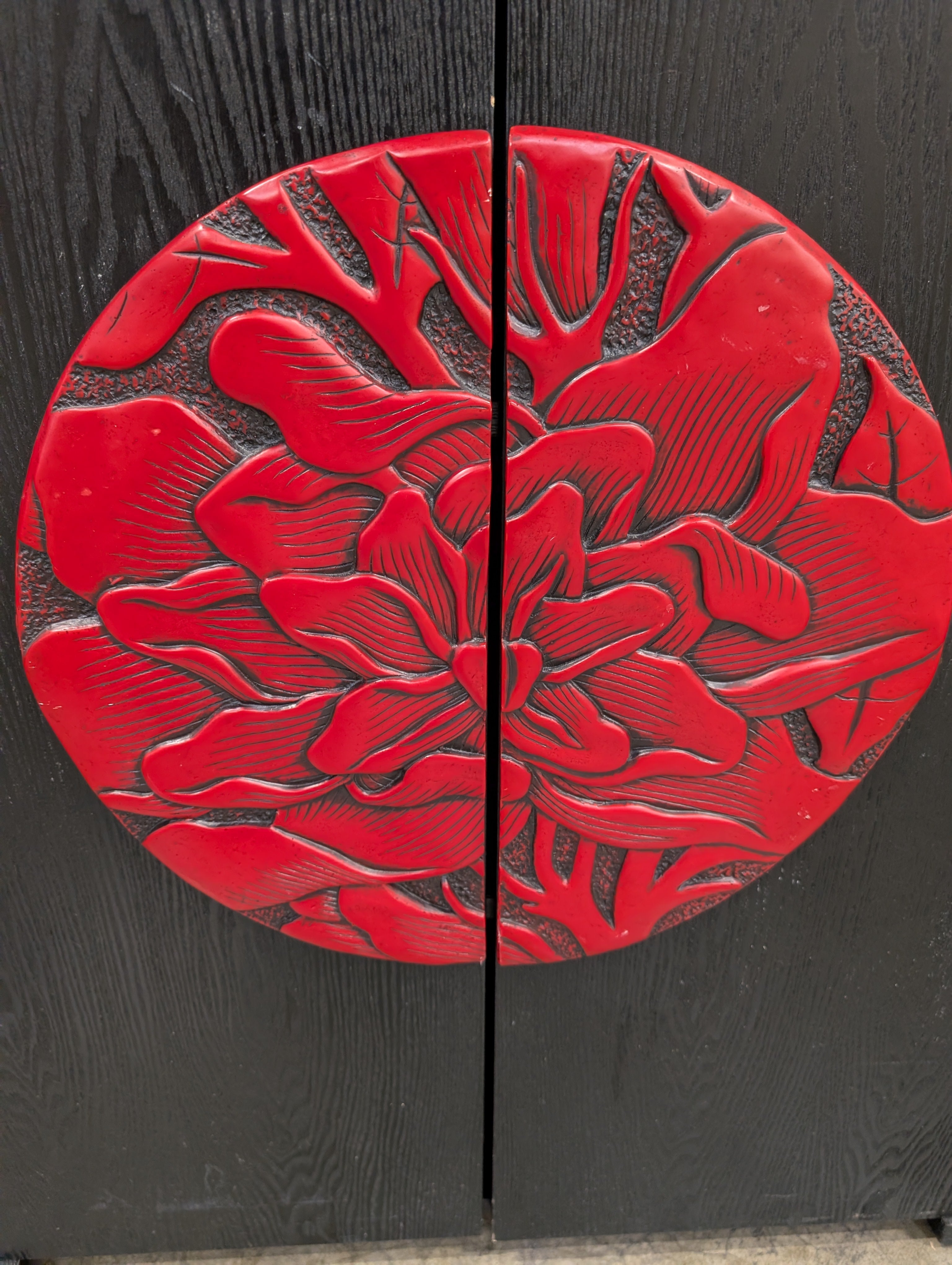 Decorative Black Wood Cabinet with Red Floral Motif Doors