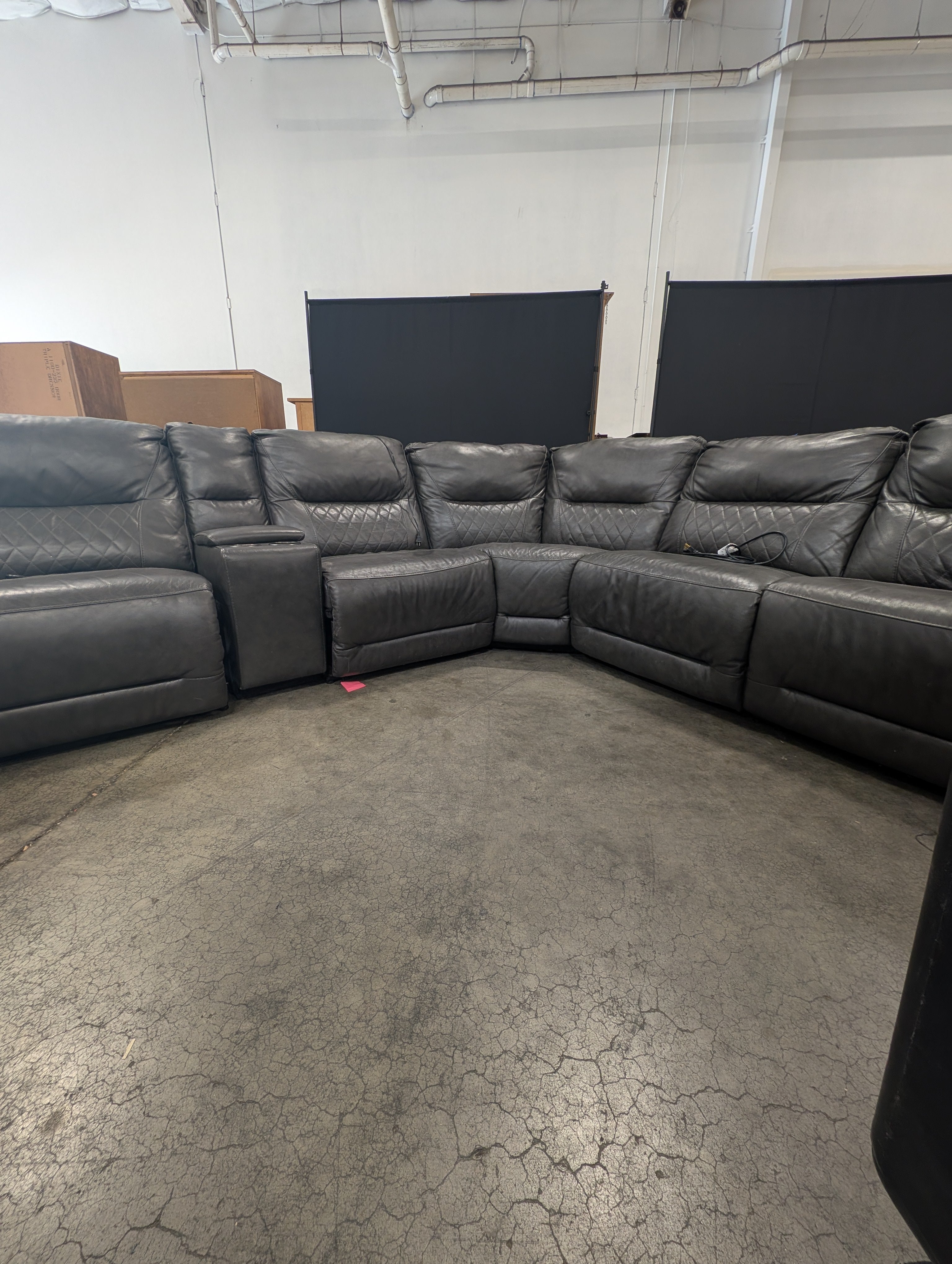 Dark Grey Leather Power Reclining Six Piece Sectional Sofa