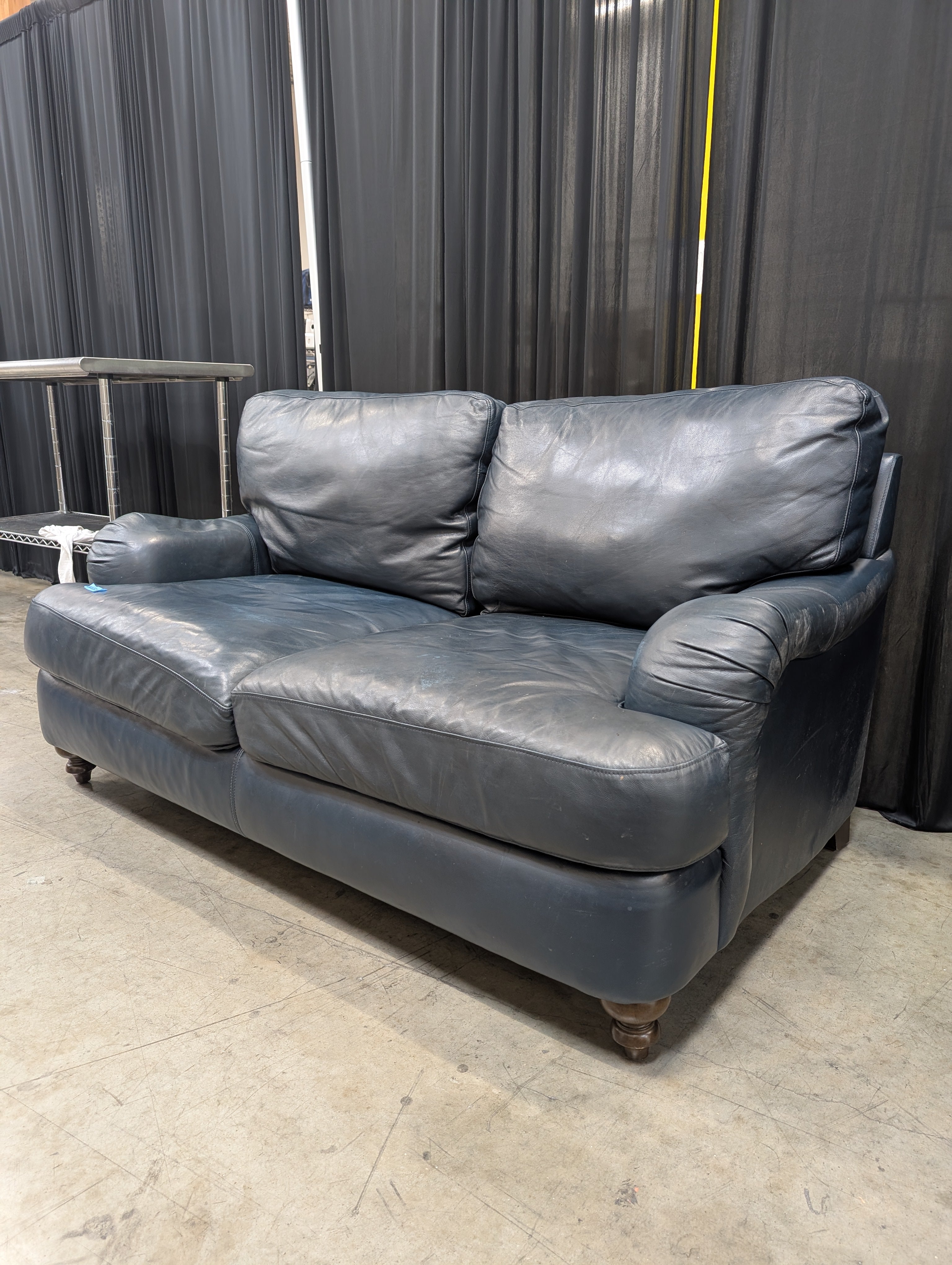 Plush Two-Seat Loveseat in Dark Blue Leather