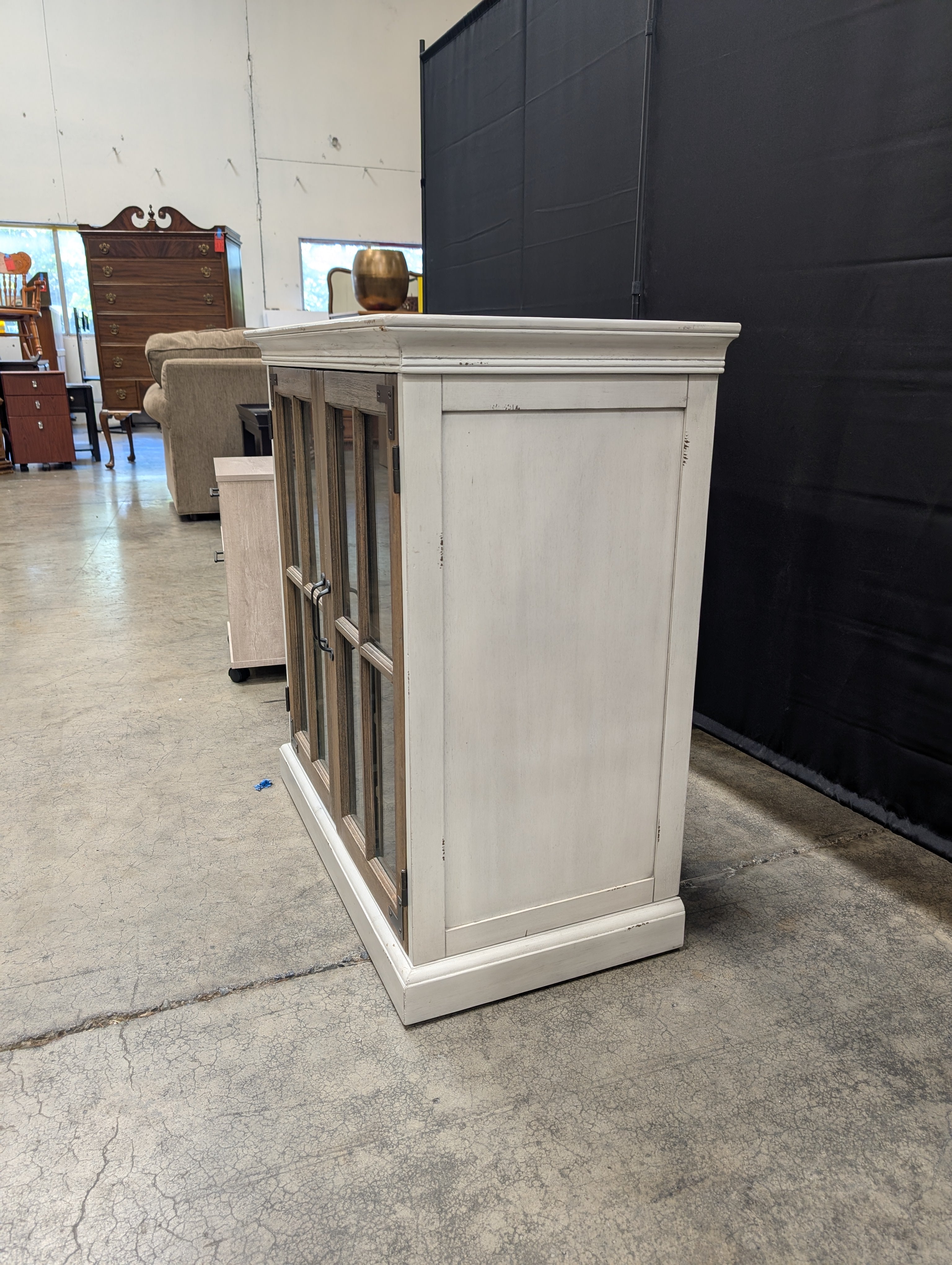 Two-Tone Distressed White Wine Cabinet with Glass Doors