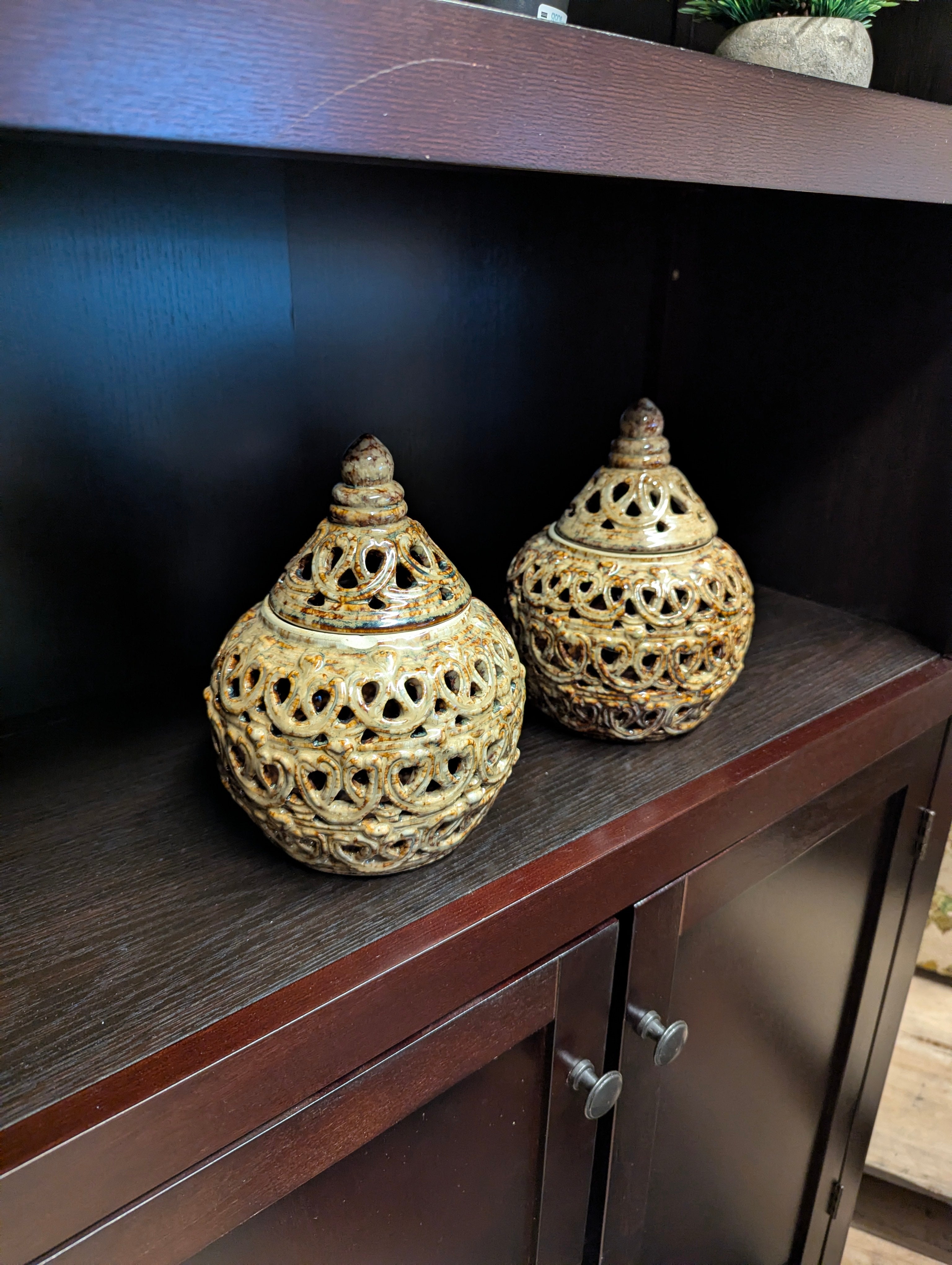 Ornate Pierced Ceramic Lidded Jar Decorative Urn