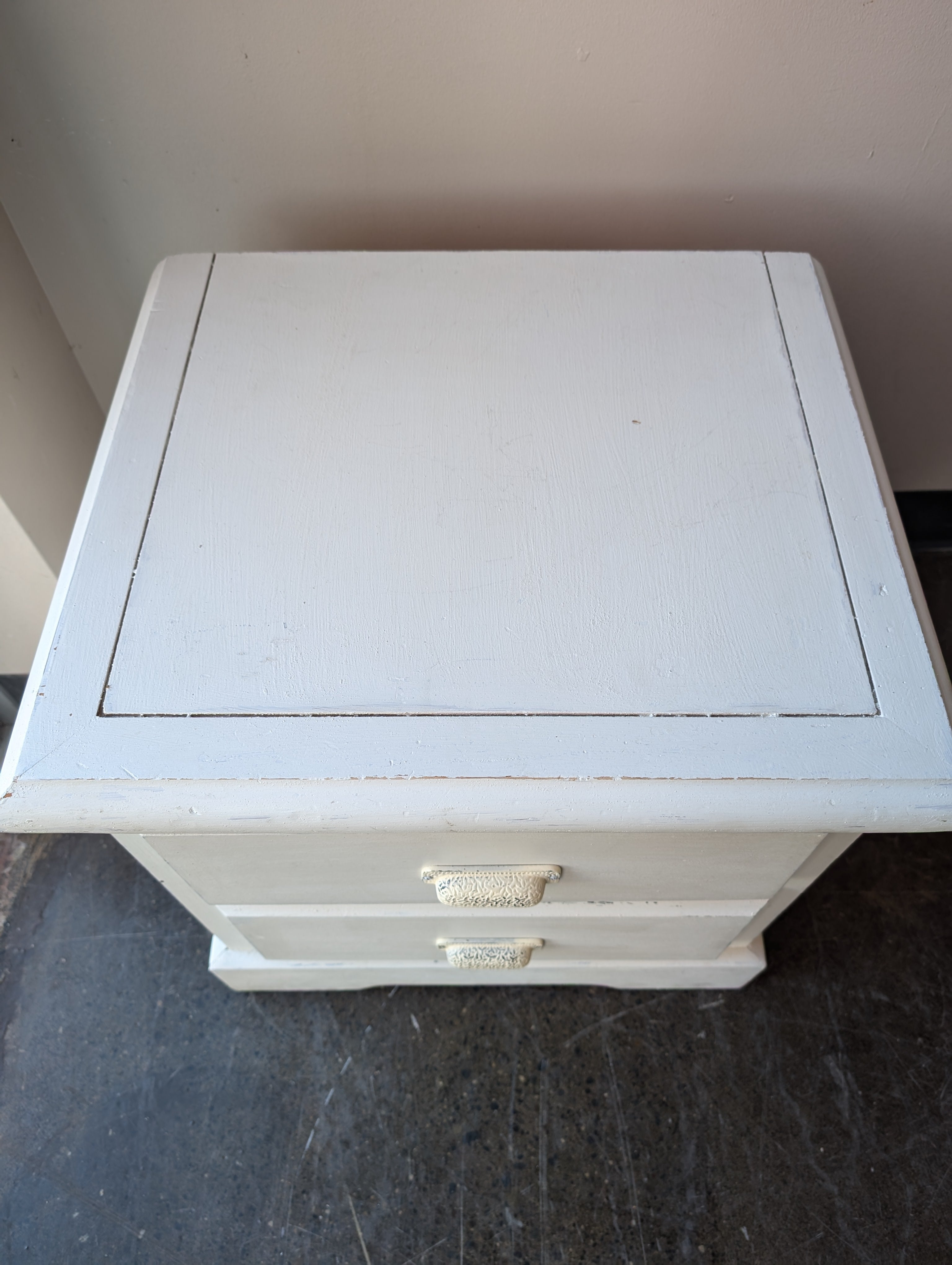 Distressed Cream Wood Two-Drawer Nightstand
