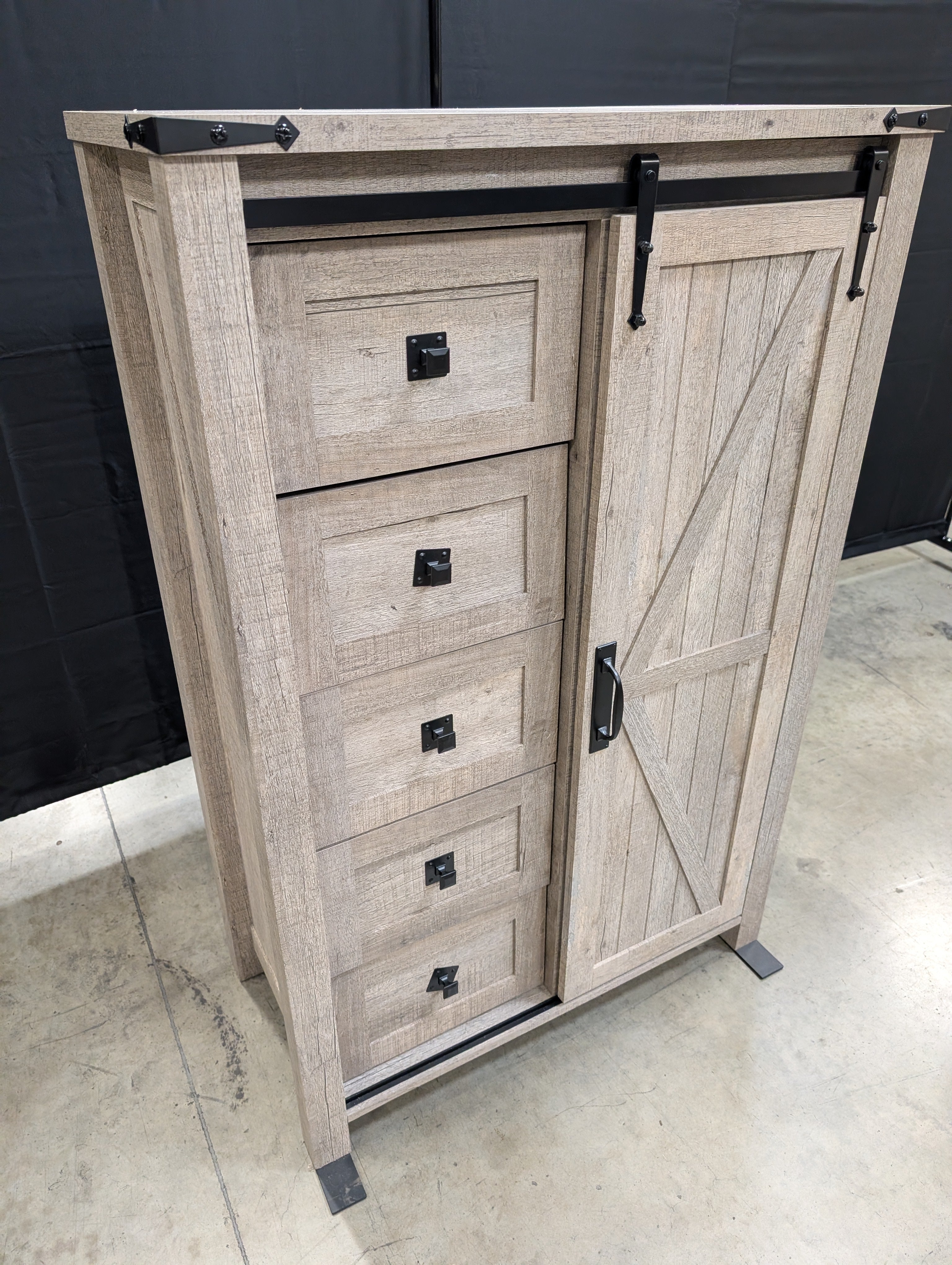Rustic Light Brown Wood Storage Cabinet | 5 Drawers & Sliding Barn Door