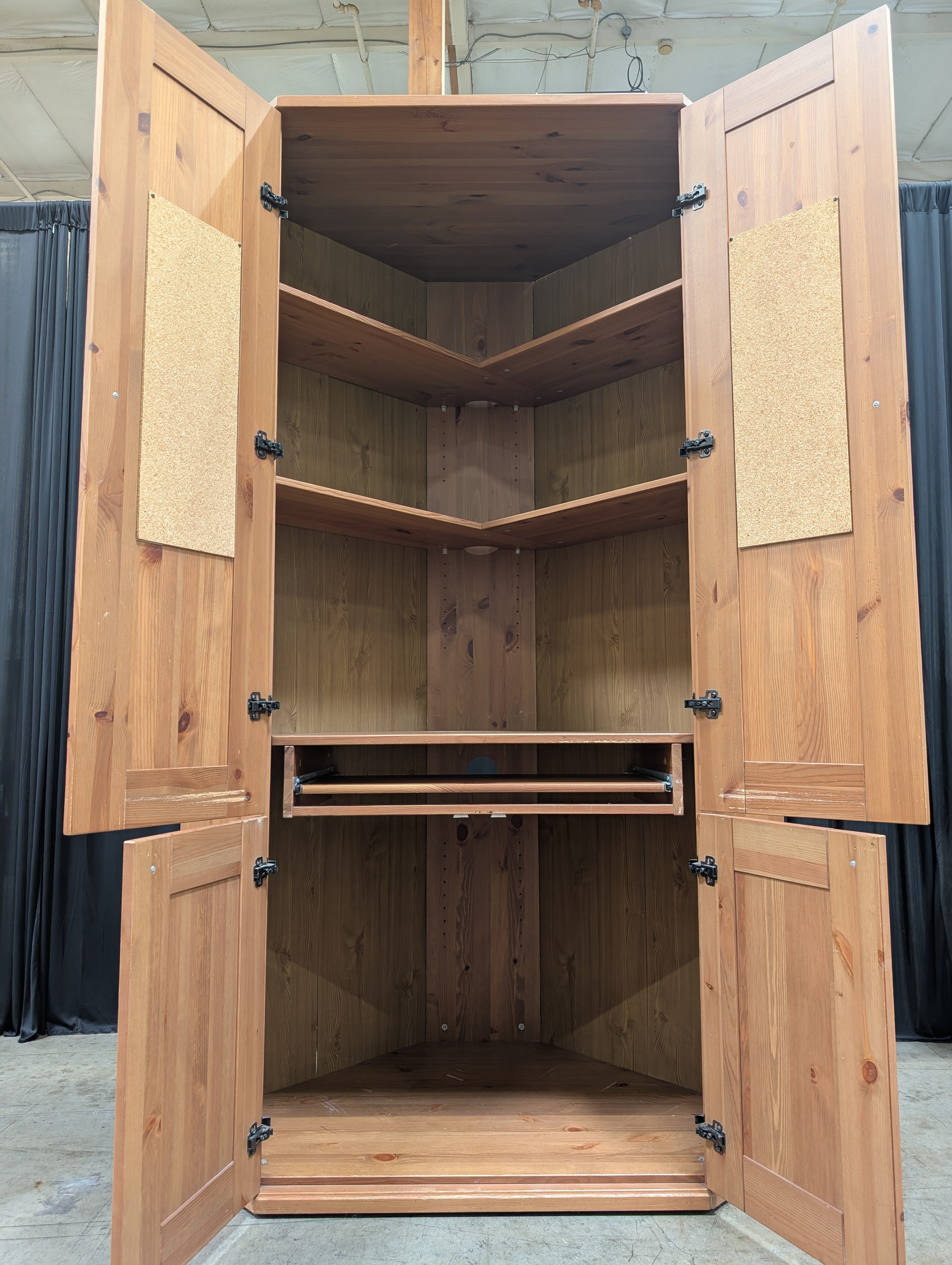 Rustic Pine Corner Armoire with Paneled Doors