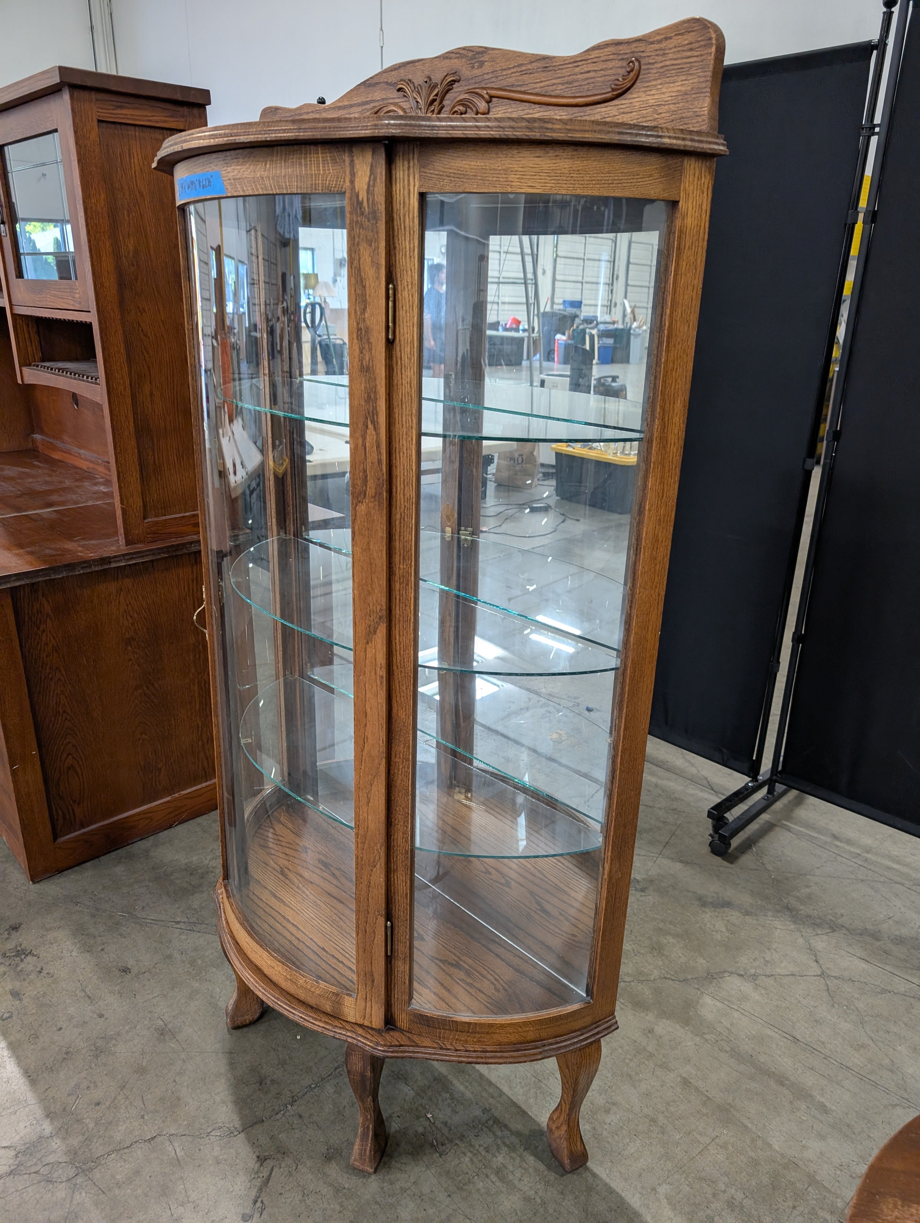 Vintage Oak Bowfront China Cabinet with Glass Shelves
