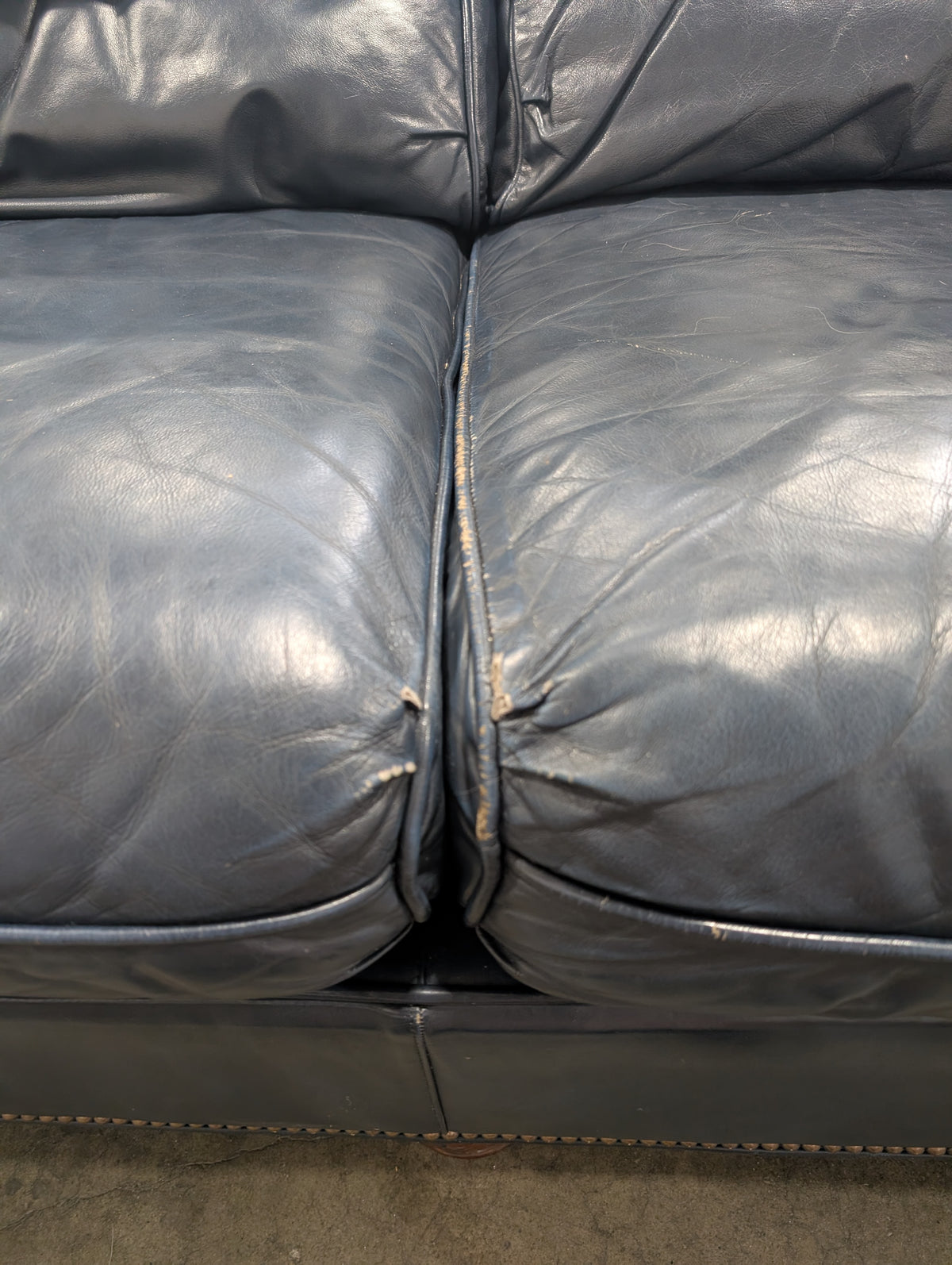 Drexel Dark Blue Leather Three-Cushion Couch with Nailhead Trim