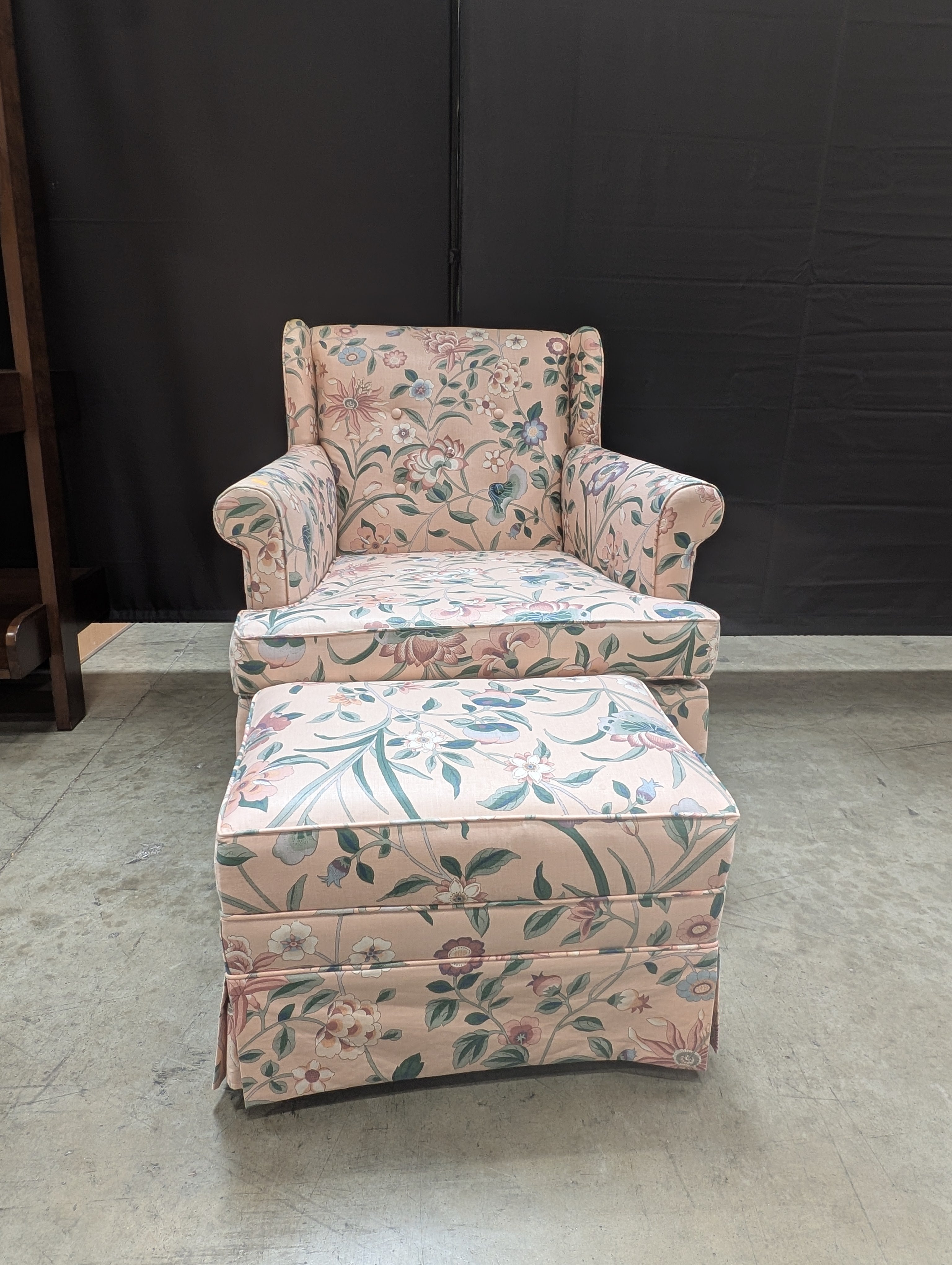 Vintage Style Floral Upholstered Armchair & Ottoman