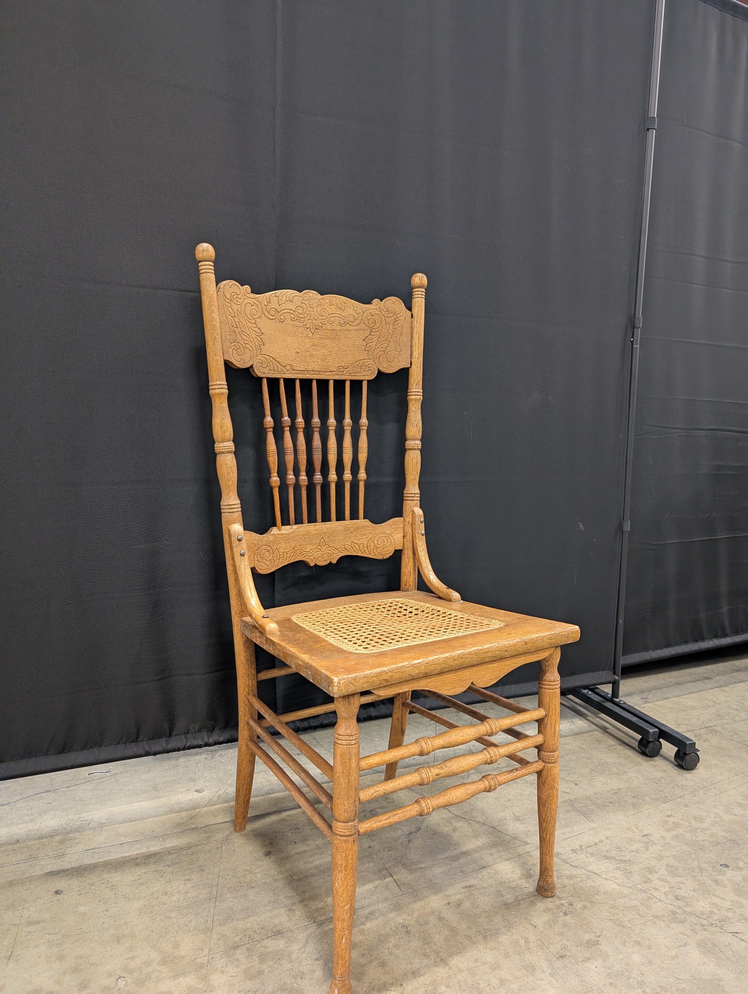 Vintage Carved Wood Spindle Back Cane Seat Chair