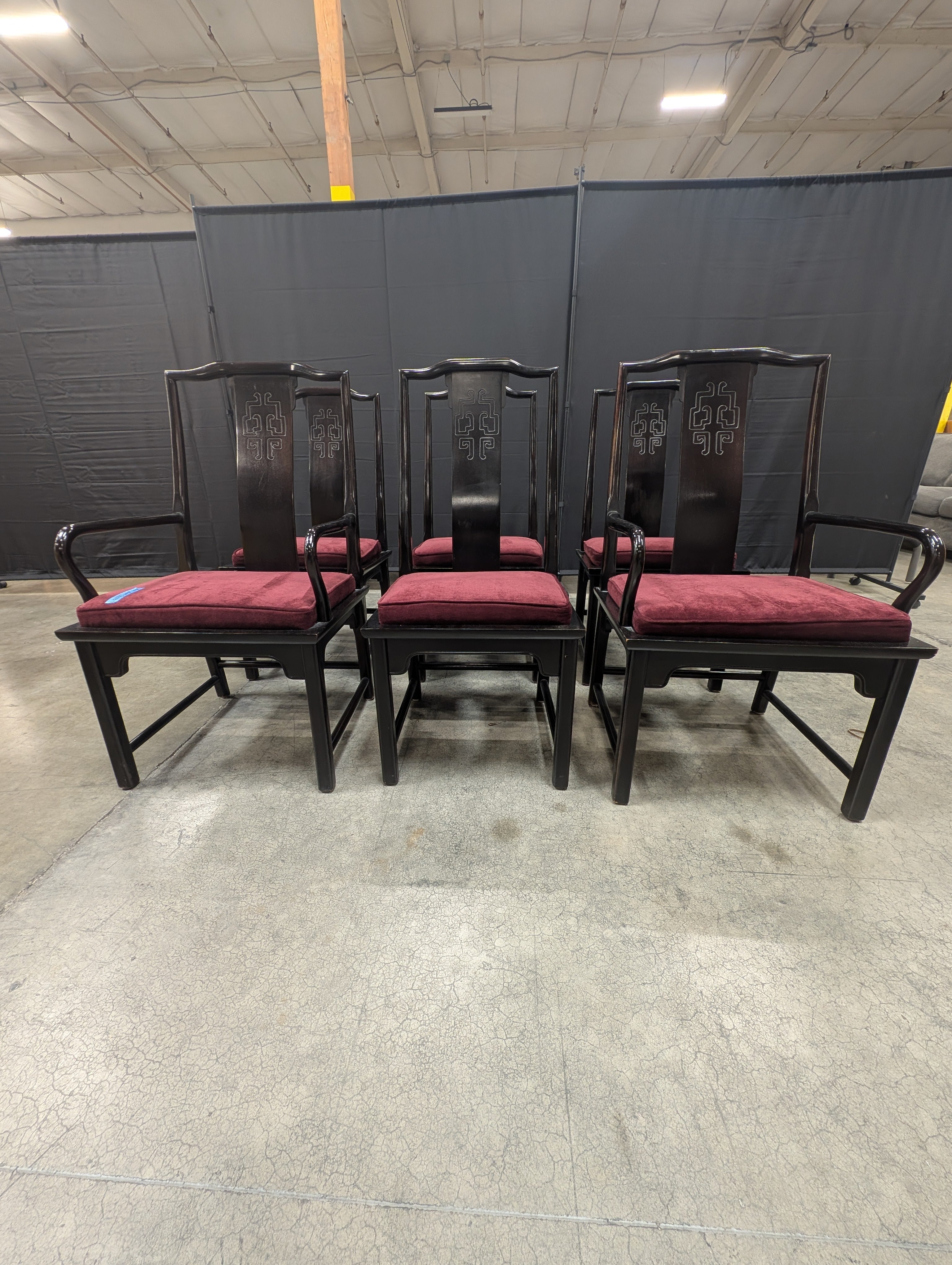 Set of Six Century Furniture INC. Black Lacquer Dining Chair with Burgundy