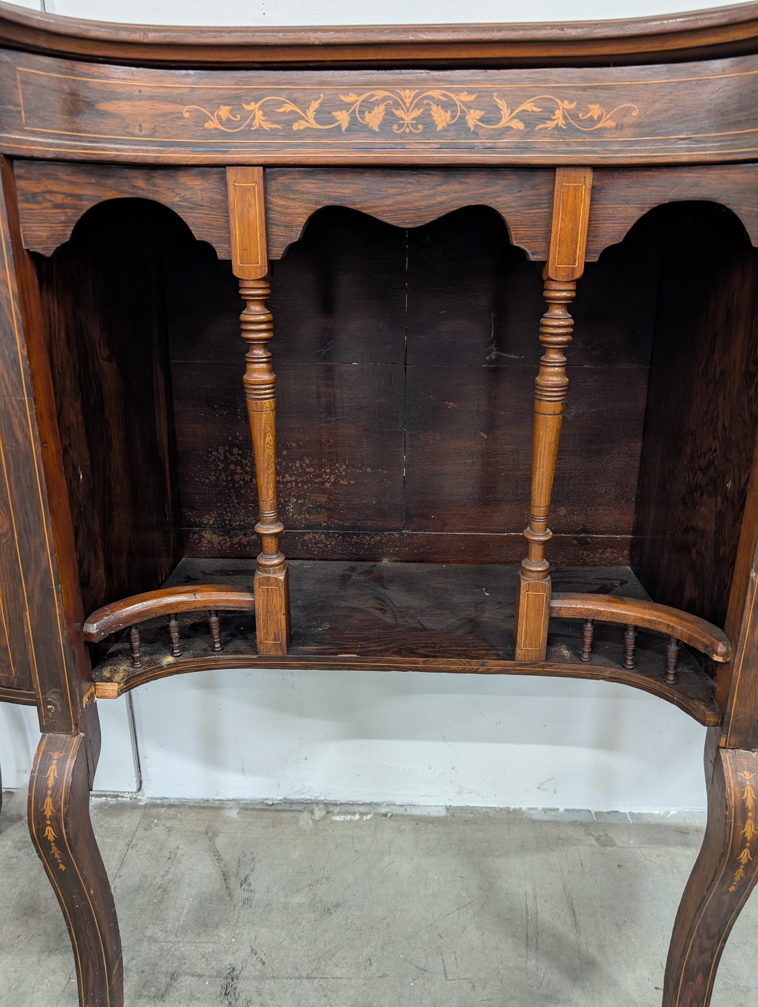 Very poor condition*** Antique Curved Wood Buffet with Intricate Inlay