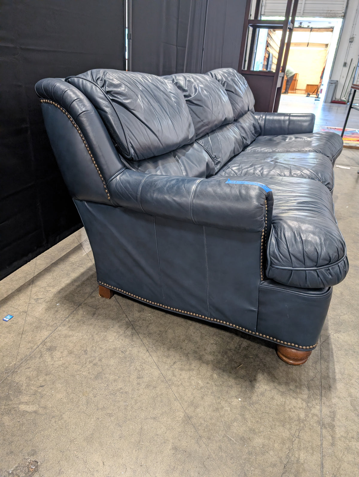 Drexel Dark Blue Leather Three-Cushion Couch with Nailhead Trim