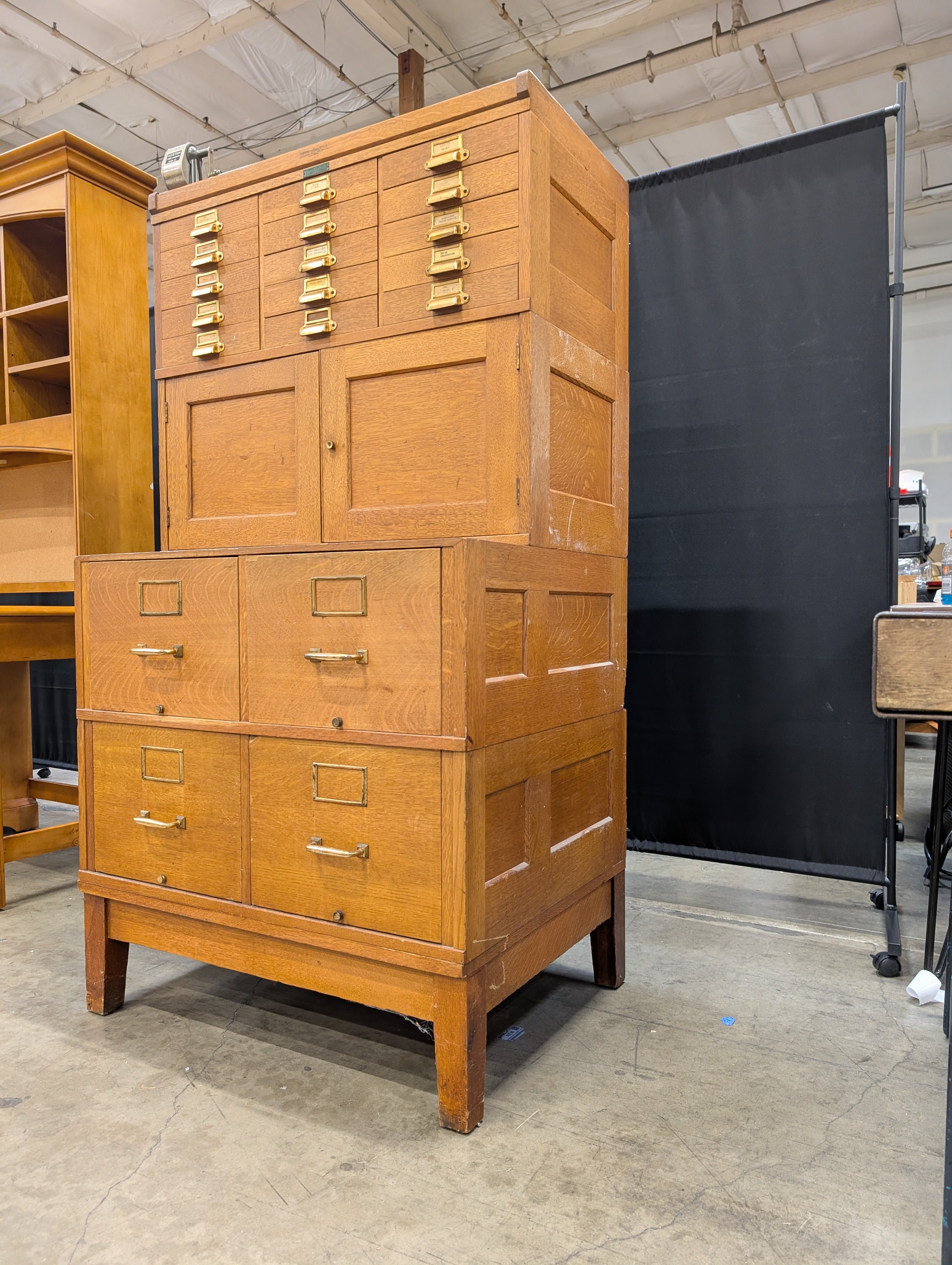 Vintage Yawman & Erbe Manufacturing Co. Oak Multi-Drawer Filing Cabinet with Brass Hardware