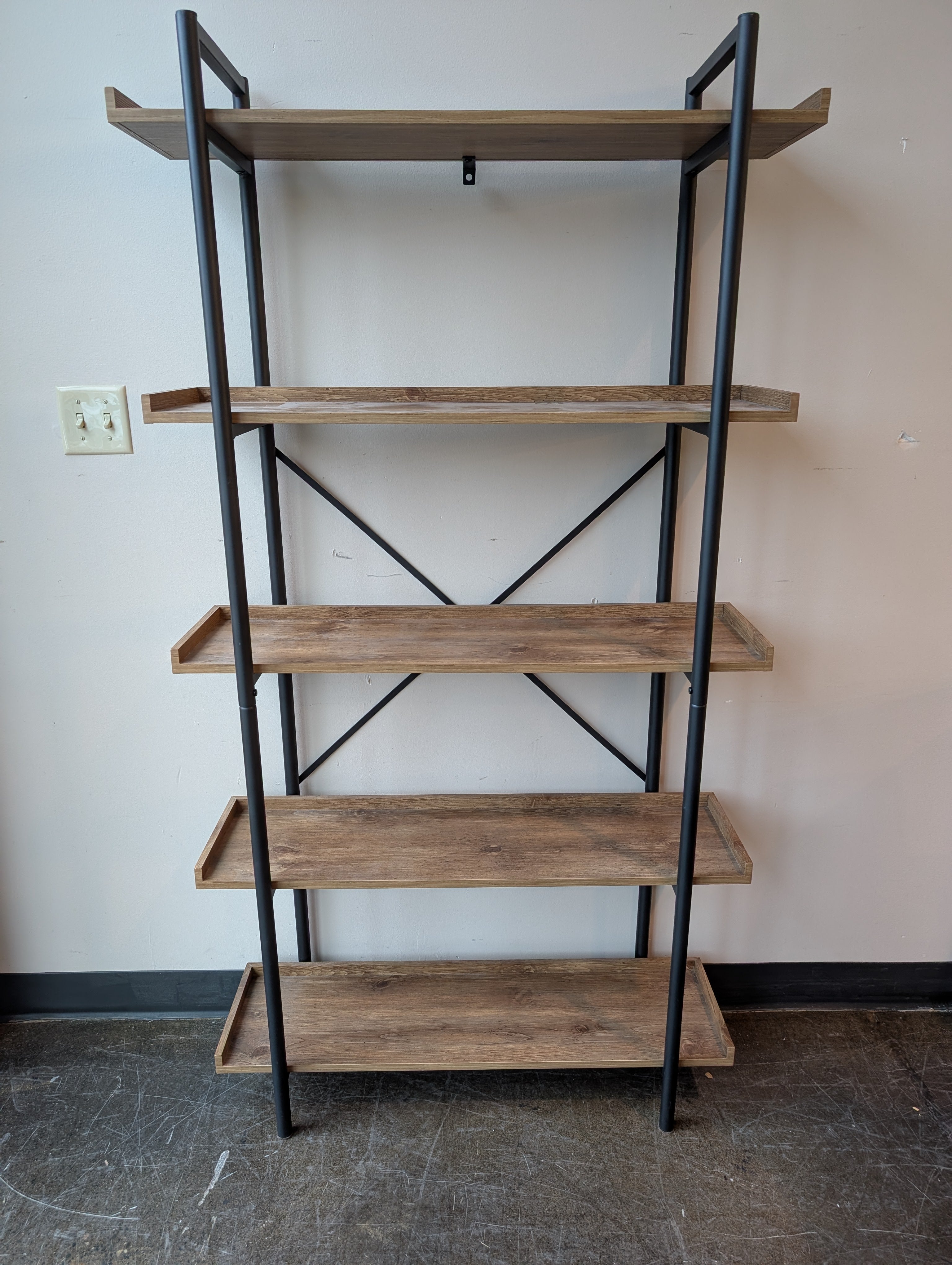 Industrial Modern Five-Tier Wood and Metal Bookshelf