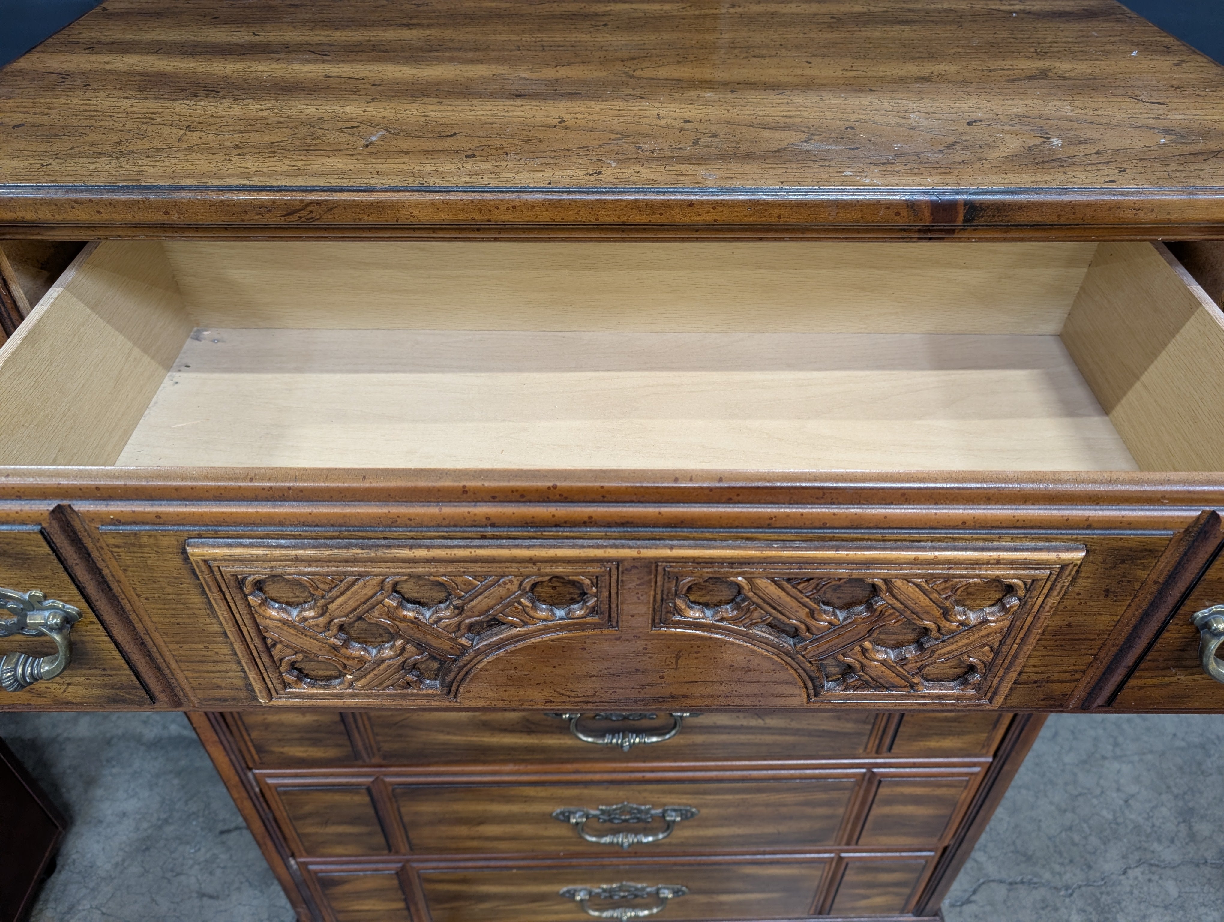Traditional Dark Wood Five-Drawer Chest with Ornate Pulls