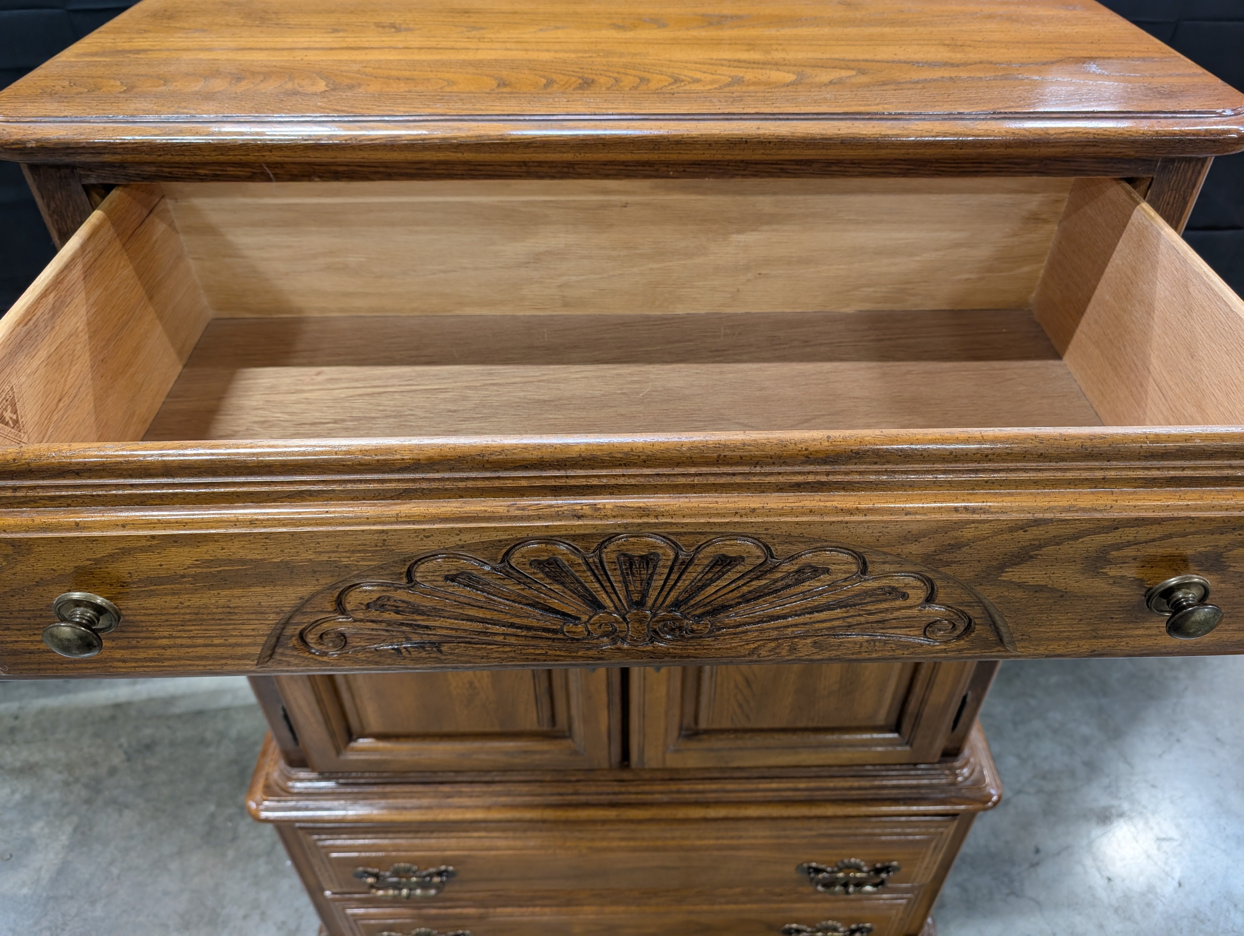 Sumter Cabinet Co. Classic Wood Tall Chest with Carved Detail and Cabinet Doors
