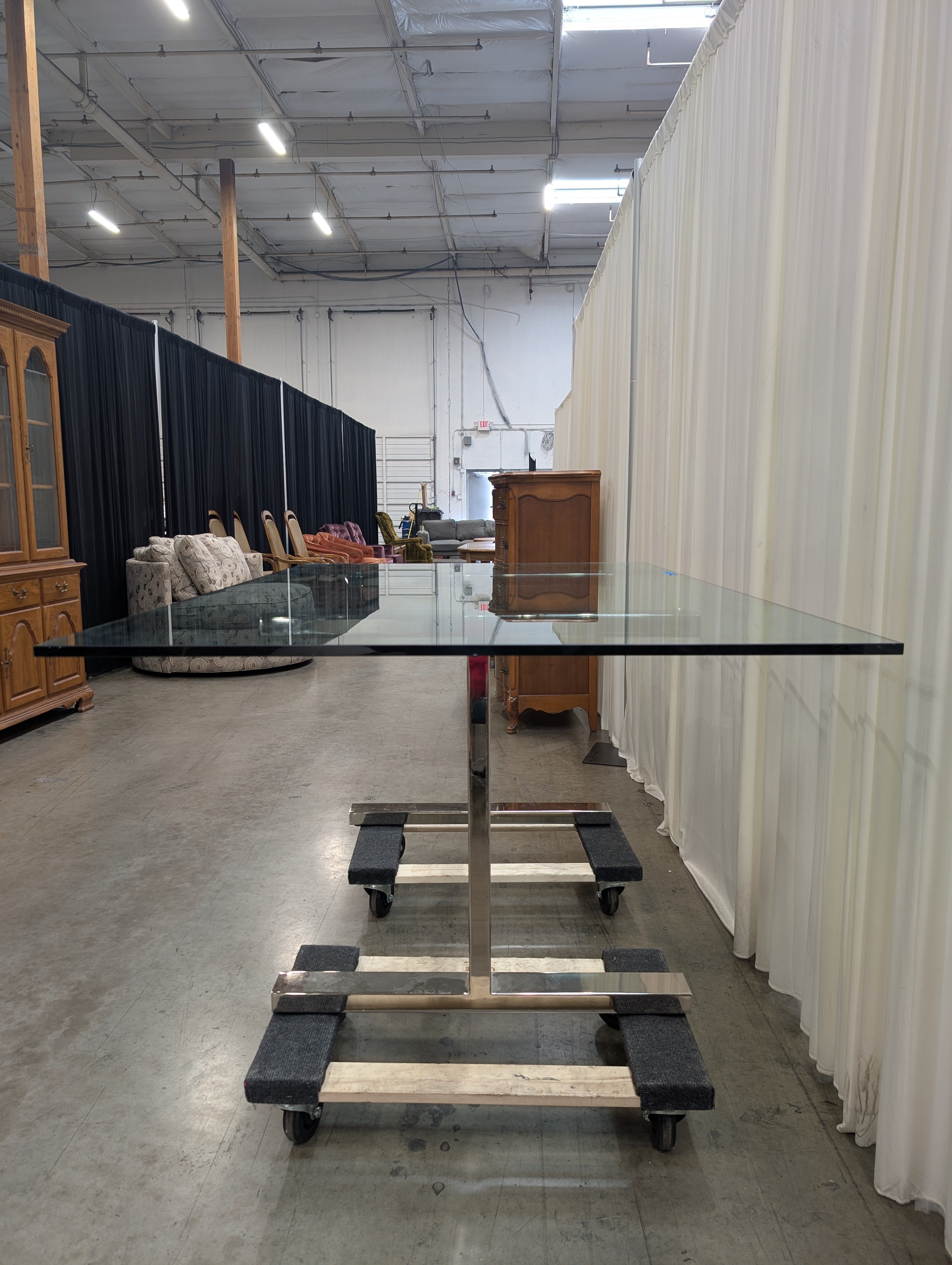 Polished Chrome Trestle Dining Table in Glass