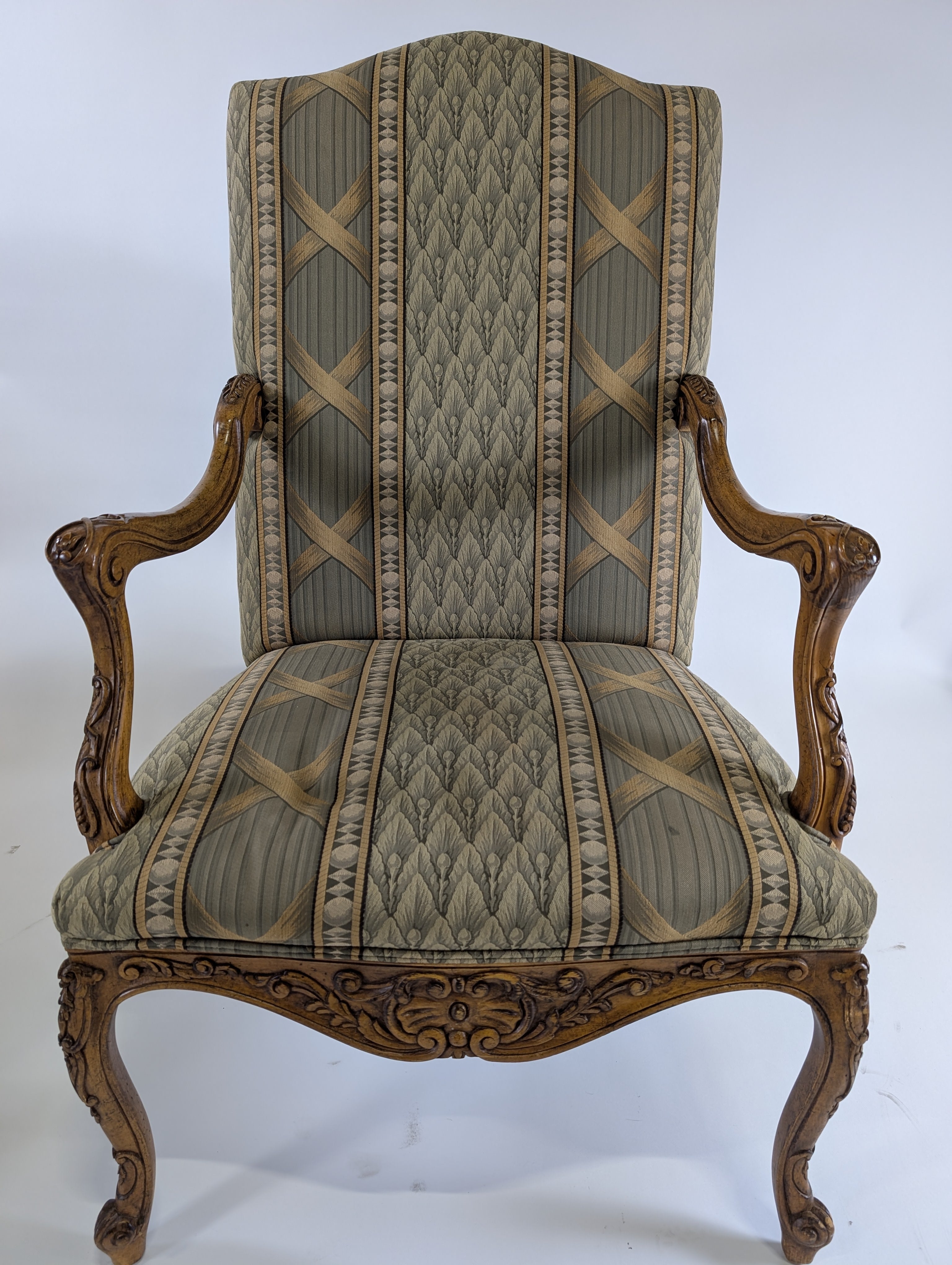 Traditional Upholstered Accent Chair with Carved Wood Arms