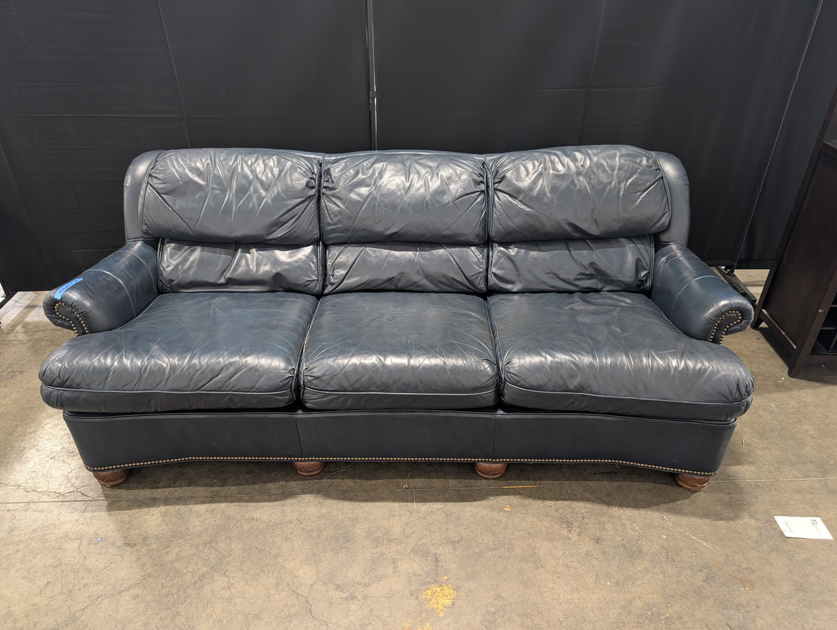 Drexel Dark Blue Leather Three-Cushion Couch with Nailhead Trim