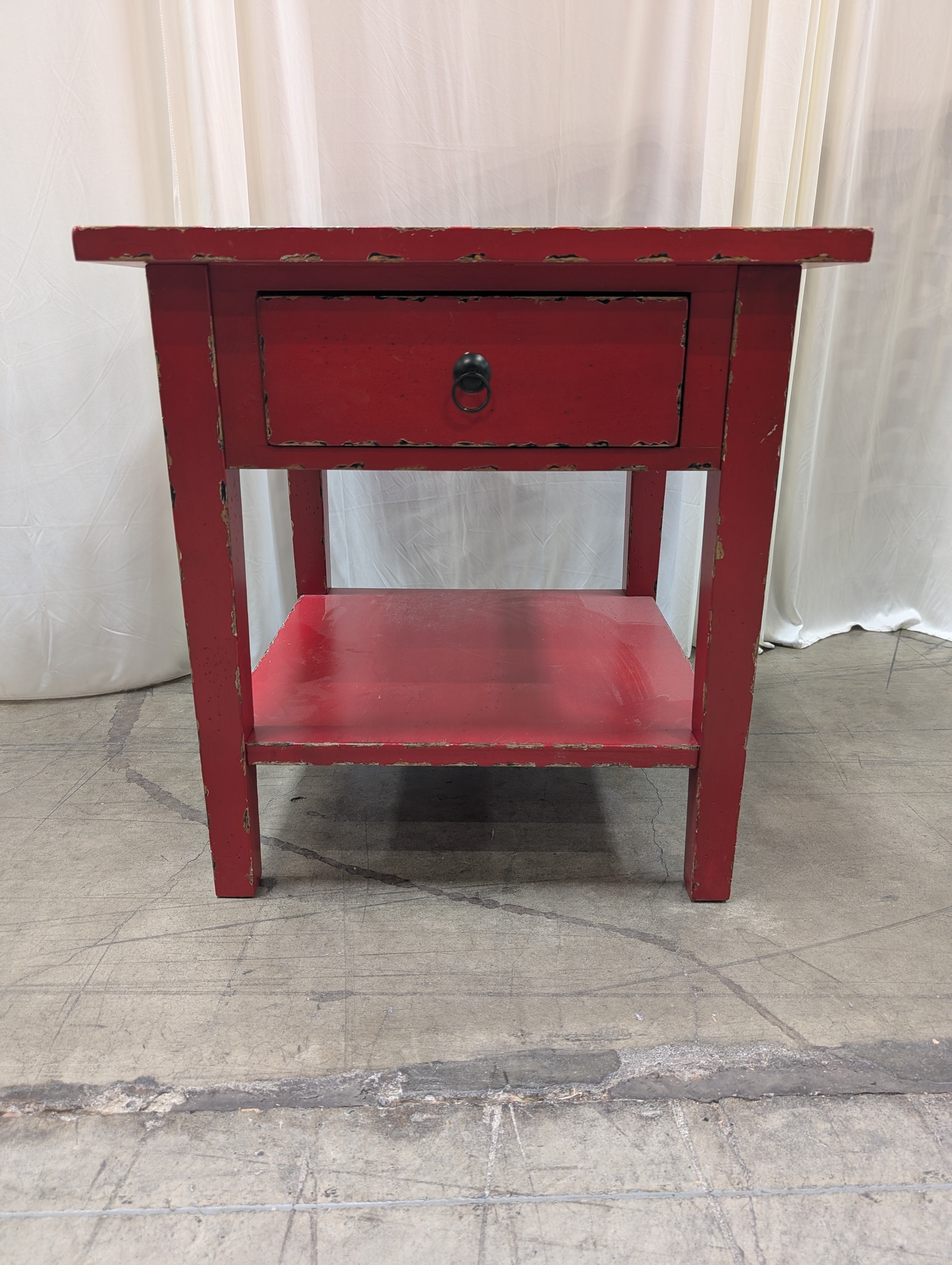 Distressed Red Wood End Table with Drawer and Shelf