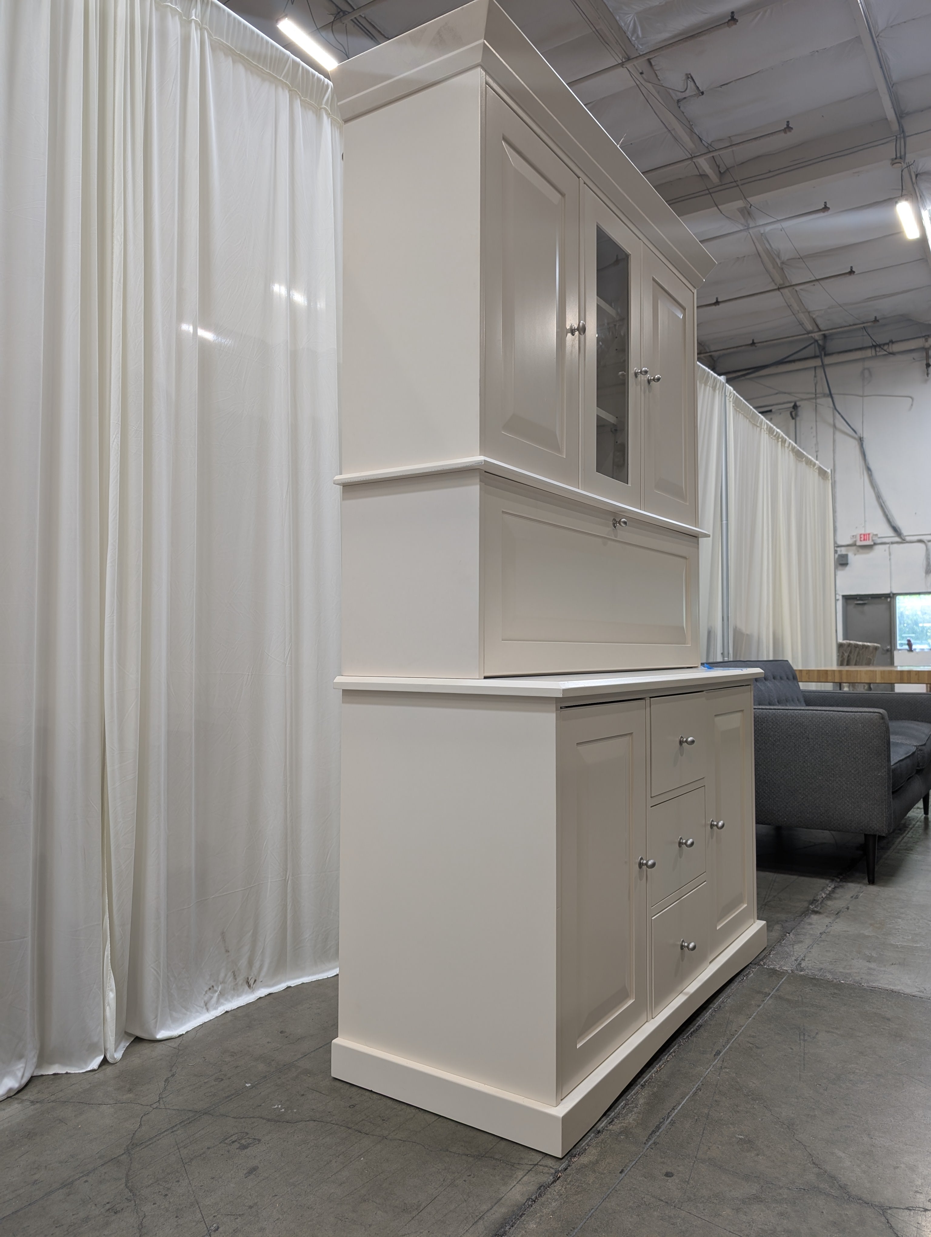 Cream Painted Wood China Cabinet with Crown Molding