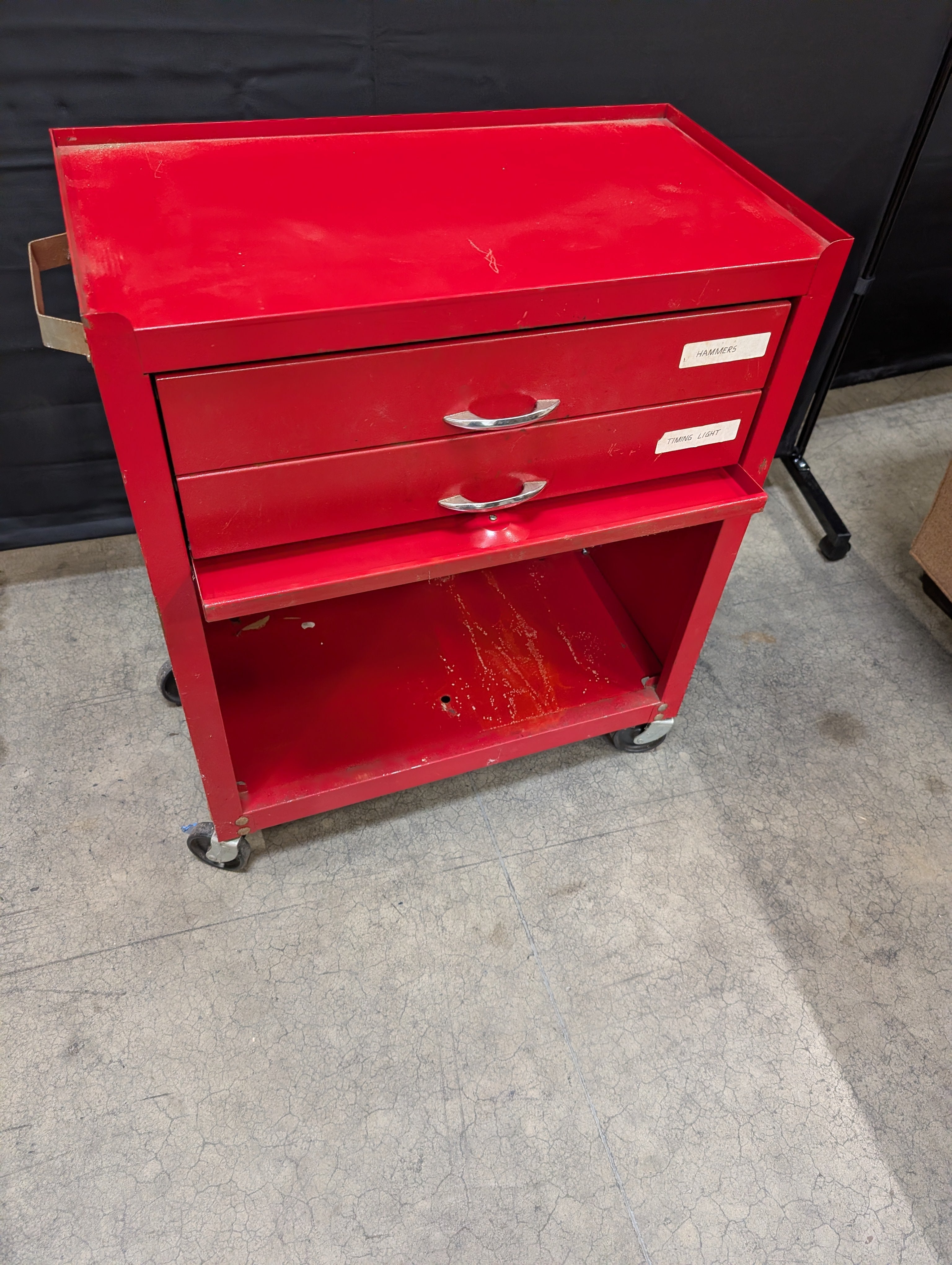 Compact Red Metal Rolling Tool Cart with Two Drawers