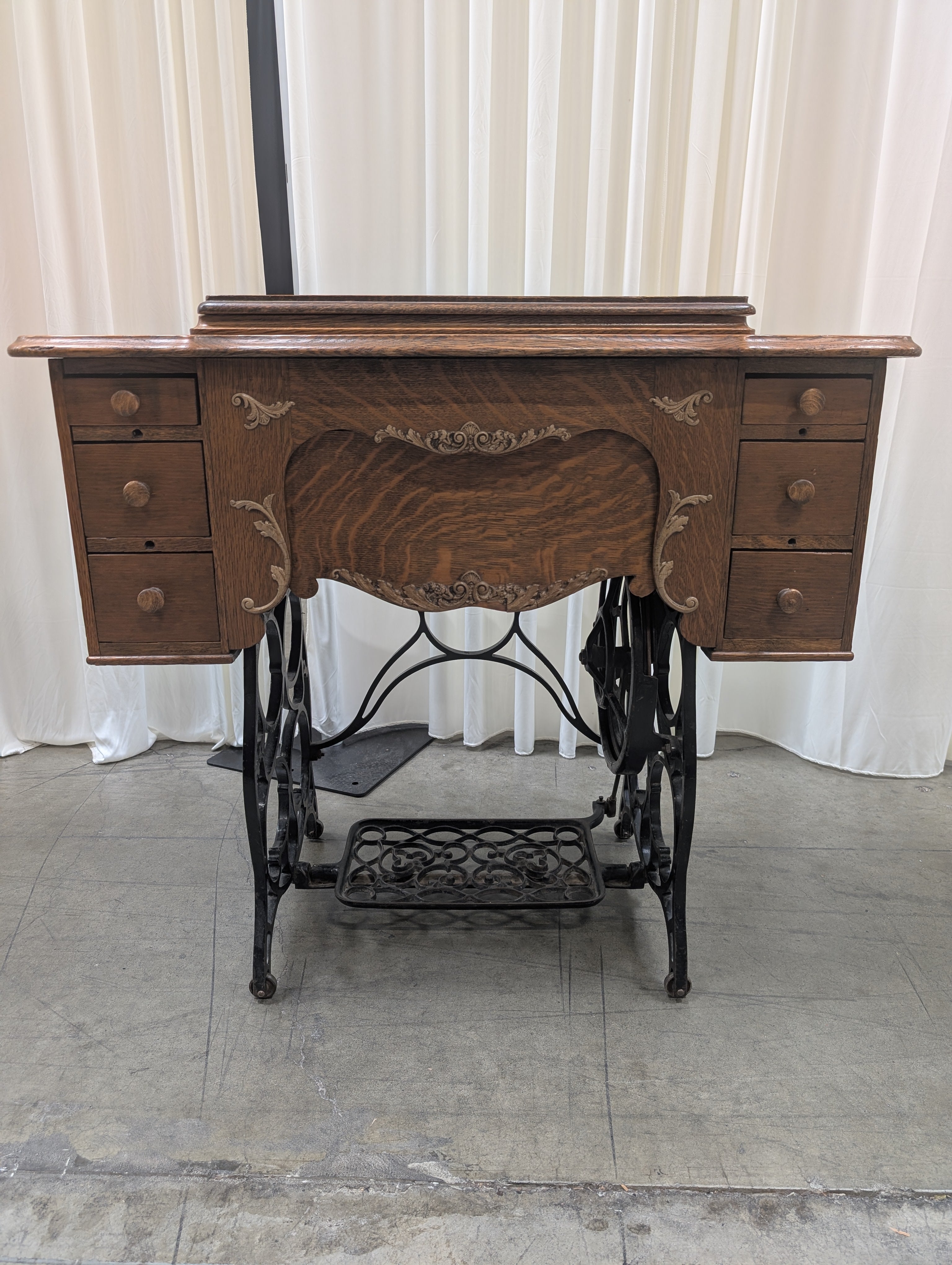 Oak Wood Antique Sewing Machine Cabinet with Ornate Details