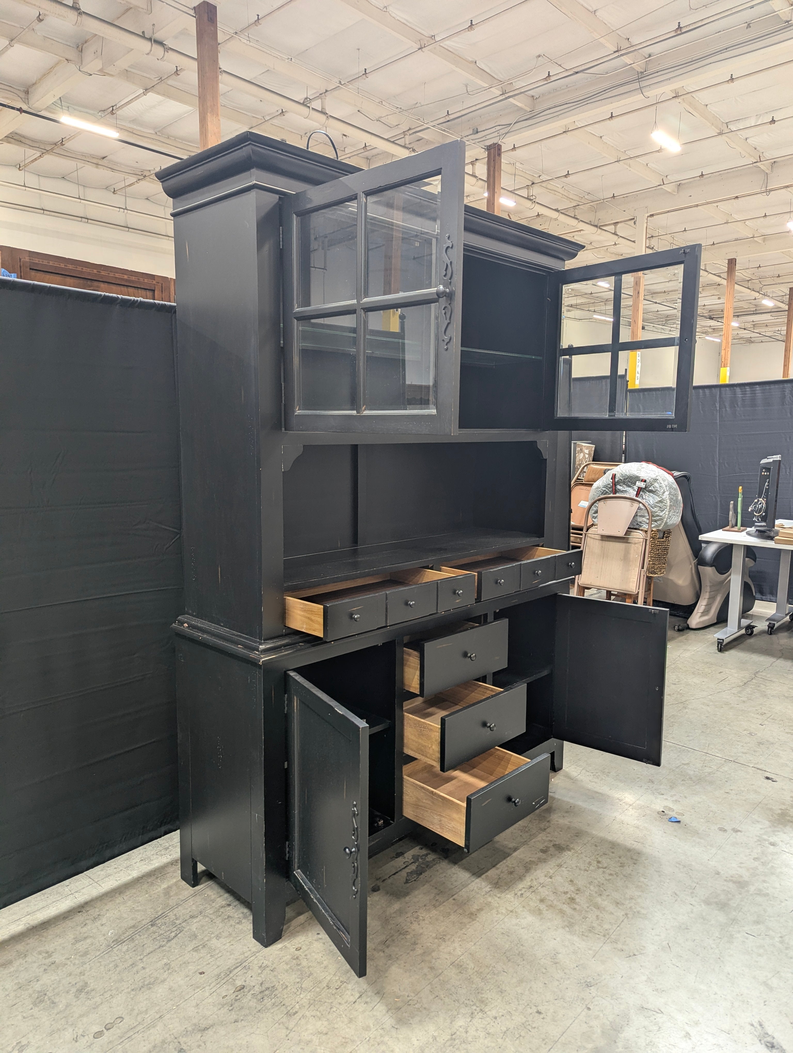 Large Black Farmhouse Display Hutch Cabinet