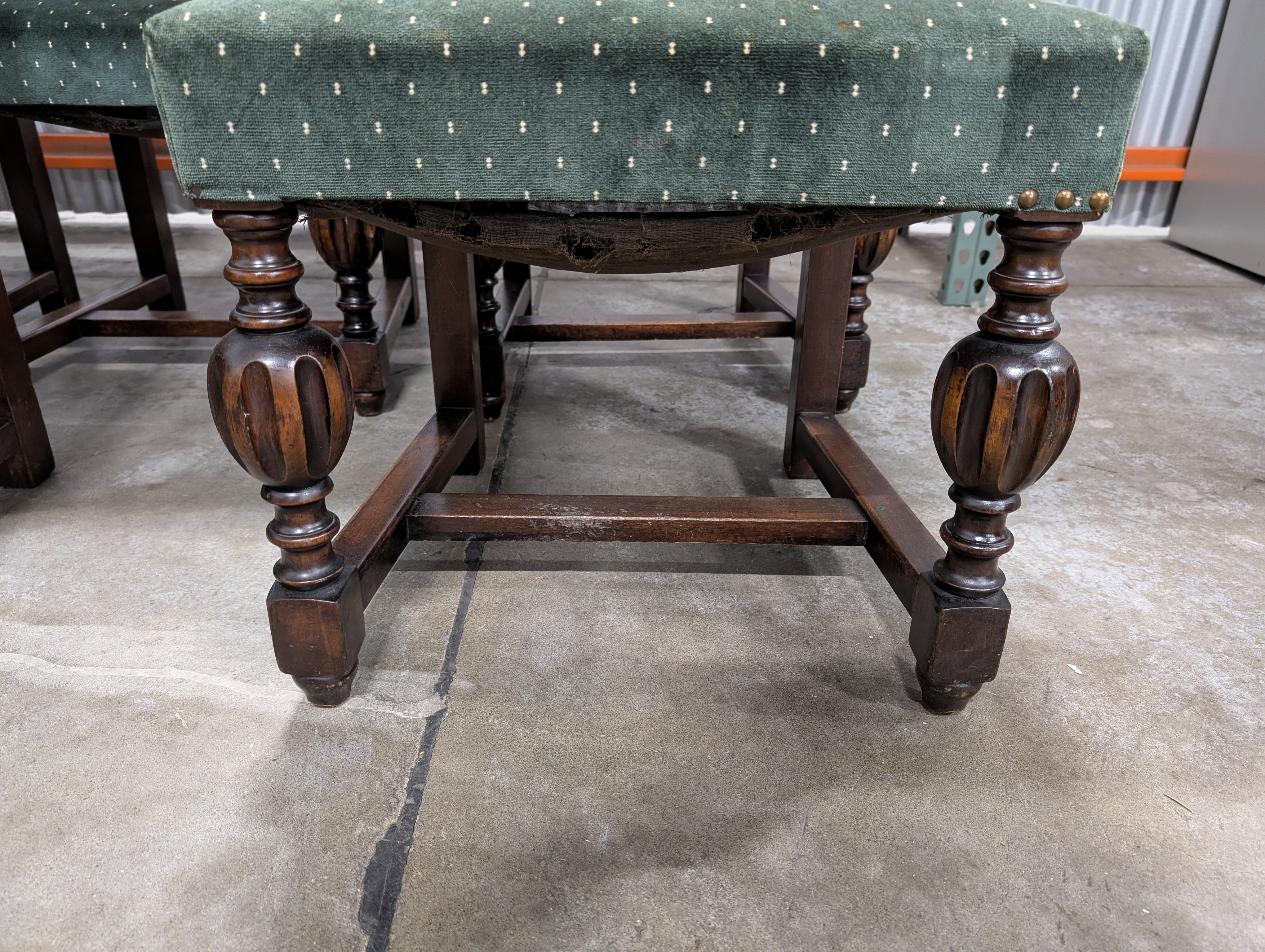 Set of Five- Vintage Carved Wood Accent Chair with Green Upholstery